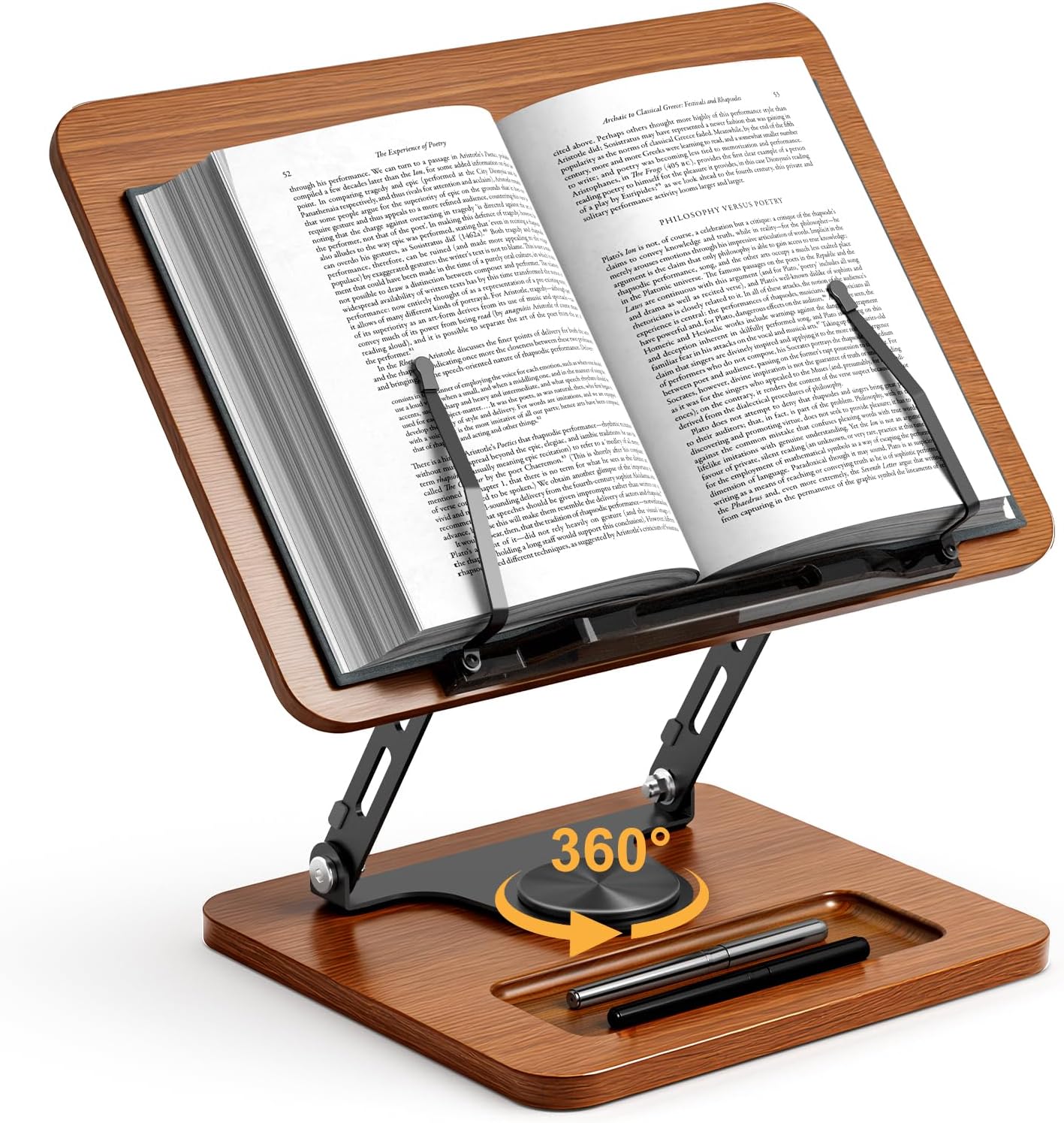 Book Stand for Reading, 360° Rotating Hands Free Book Holder, Adjustable Height and Angle, Page Clip for Cookbook, Recipe, Magazine, Laptop,Tablet, Foldable for Kitchen, Office, School
#am_amazon_associate
Price:   $27.99
Price may change at any time and may only be accurate at time of post
#ad Get more information here -->  https://amzn.to/3Pz490n
•	【360° Adjustable Base】360° rotating base with fully customizable height & angle for ideal viewing. Maintain a comfortable posture with hands-free reading via spring-loaded clips. Designed to enhance comfort during extended reading sessions
•	【Built-in Storage Tray】Integrated organizer compartment on the base stores pens, sticky notes, earbuds, and other small essentials—always within easy reach for a tidy workspace
•	【Versatile Functionality】Sturdy support for cookbooks, tablets & most 13-inch laptops. Easily adapts to multiple scenarios: kitchen counter, office desk, bedside reading, or music stand

