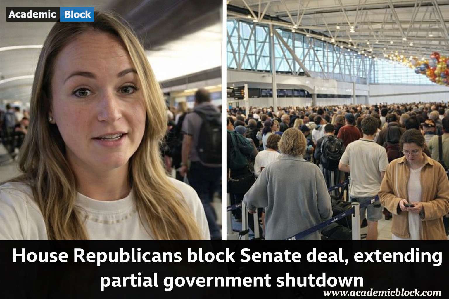 Headline reading “House Republicans reject Senate deal, prolonging partial US government shutdown,” with imagery representing political tension and government gridlock.