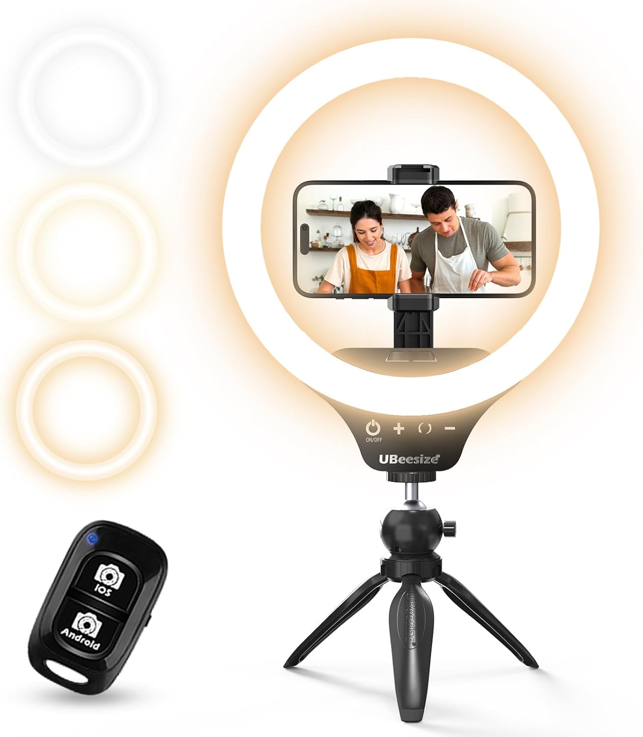 UBeesize 12" Desk Ring Light with Stand & Phone Holder - Adjustable Studio Light for Photography，Zoom Meetings, YouTube, TikTok, Live Streaming
#am_amazon_associate
Price:  $21.16 
Price may change at any time and may only be accurate at time of post
#ad Get more information here -->  https://amzn.to/41vzKmc
•	【Dimmable Ring Light with Touch Controls】The 10-inch ring light features 3 lighting colors: Warm White, Cool White and Daylight, each with 10 levels of Brightness to choose from, 30 lighting options in total. It is designed with a touch panel for easy setting control: turning on/off, lighting effect adjustment, intuitive and fun to use for daily shootings.
•	【Durable Tabletop Tripod】 The kit includes a sturdy tripod that is compact enough to fit in a pocket when contracted. Apart from serving as a ring light stand, it can also be used desperately as a camera stand for all sorts of cell phones, digital cameras, projectors and webcams.
