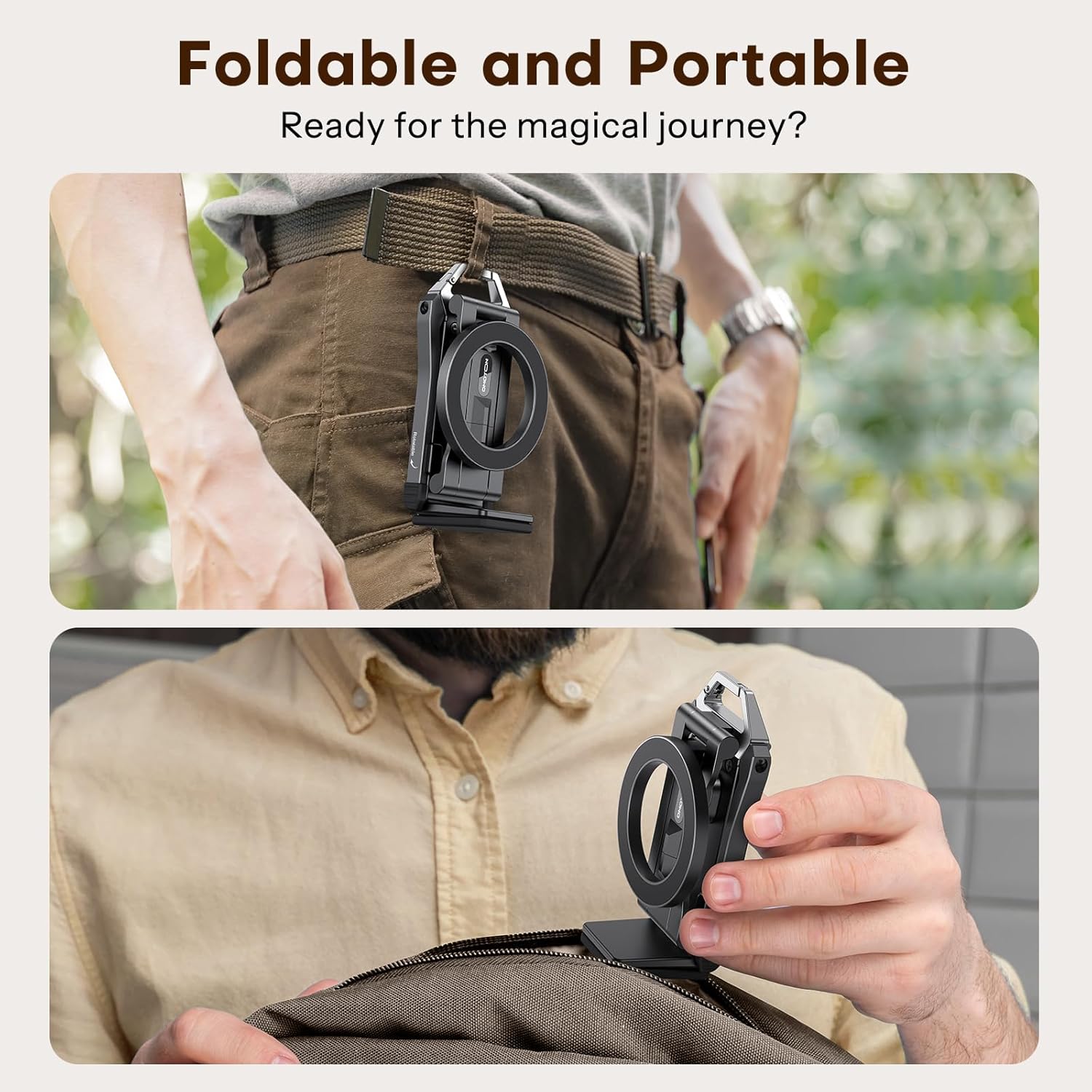 OMOTON TP02 360°Rotating for MagSafe Tripod, Adjustable Aluminum Magnetic Phone Tripod for iPhone 17/16/15/14 Pro Max Air, Foldable Cell Phone Stand Fits Vlog, Gym, Travel Essentials Accessories
#am_amazon_associate
Price:  $23.73 
Price may change at any time and may only be accurate at time of post
#ad Get more information here -->  https://amzn.to/4st2V5k
•	【Ultra Strong Magnet】: Powerful TPO2 tripod for phone features N52 large magnets for ultra-strong hold—securely attaches your device in just 1s. Magnetic phone stand tripod the sturdy clamp with anti-slip pads grips surfaces up to 1.57 inches thick, keeping your phone stable and protected from sudden vibrations or bumps
•	【Full Range Adjustment】: Easily switch between landscape and portrait modes without interrupting your content. Magnetic tripod with 360°Rotating+3-axis adjustment up to 990° adjustability, for iphone tripod stand you can find the perfect angle for video, messaging, or capturing
