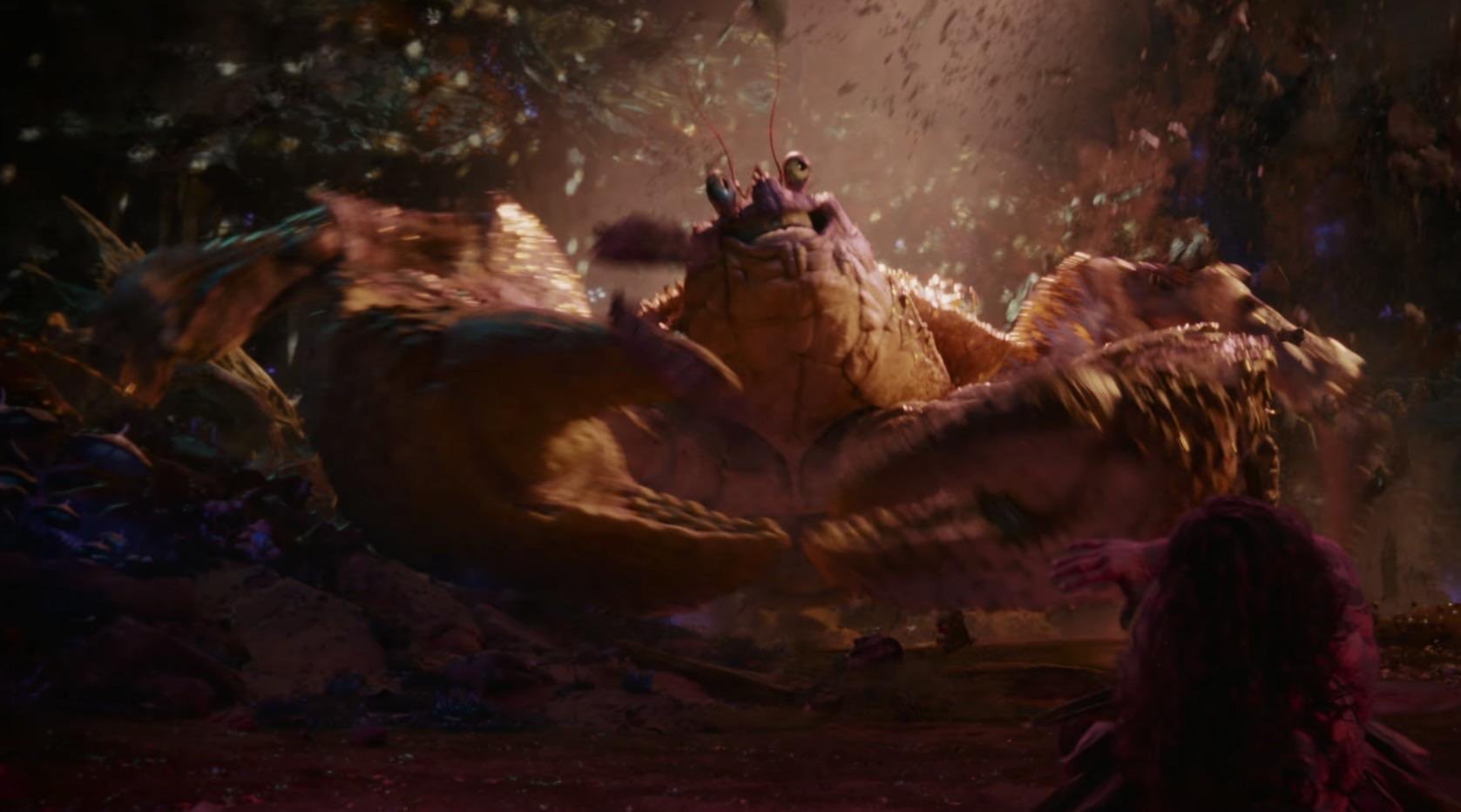 A creepy image of live action tamatoa in a murky brown and gold background.
