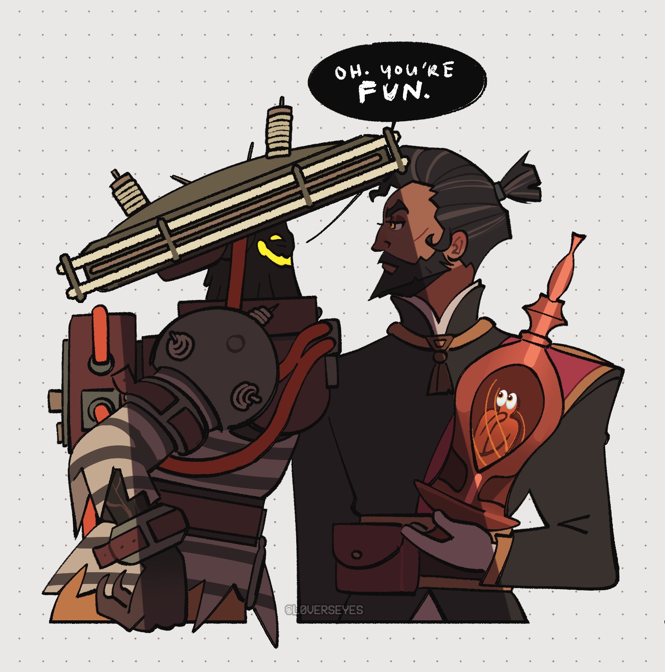 illustration of an interaction between seven and mirage in game. seven leans forward and taunts mirage, "oh you're fun" as mirage stares coldly in return. nashala is fujoing out in her vessel