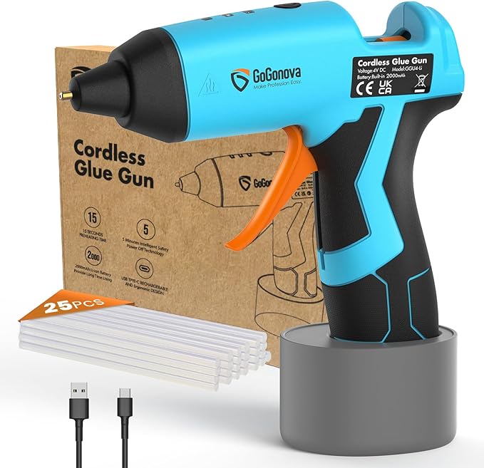 GoGonova Cordless Glue Gun, 15s Fast Preheating 2Ah Cordless Hot Glue Gun with 25 Pcs Premium Mini Glue Gun Sticks, USB-C Battery Rechargeable Hot Glue Gun, Smart Power-Off
#am_amazon_associate
Price:    $20.98
Price may change at any time and may only be accurate at time of post
#ad Get more information here -->  https://amzn.to/4t1xEGo
•	♡KIND REMINDER♡ - Please Fully Charge Before Using!!! Long Press the top button until the lights flashing means power on successfully.
•	15 Second Fast Preheating & Cordless Design - With only 15s, The heating system of Gogonova hot glue gun is almost 10 times faster than ordinary ones! Saving your time waiting for preheating. The cordless design gives you more portability While gluing items. Saving more storage room and freedom of use
