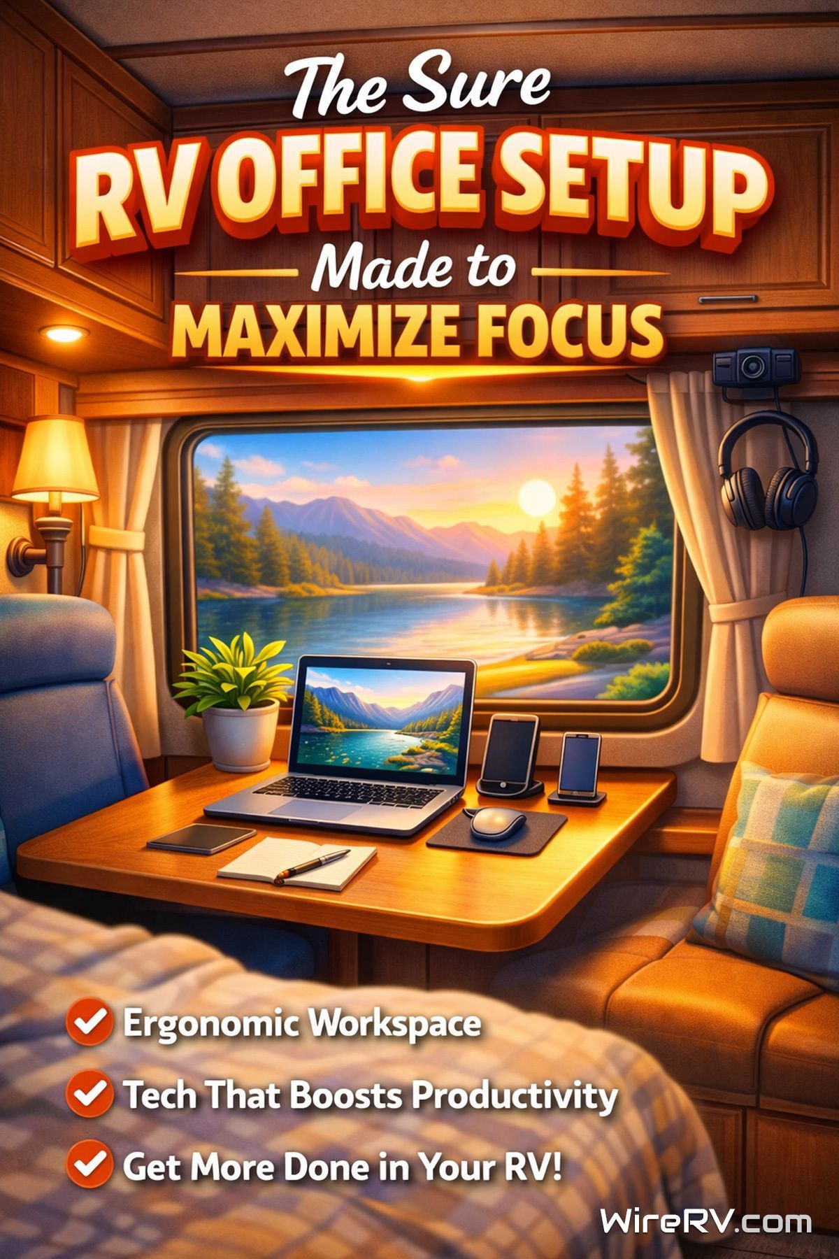 RV office setup inside a camper with a clean desk, laptop, and tech accessories facing a scenic mountain lake view, designed for remote work productivity and focus.