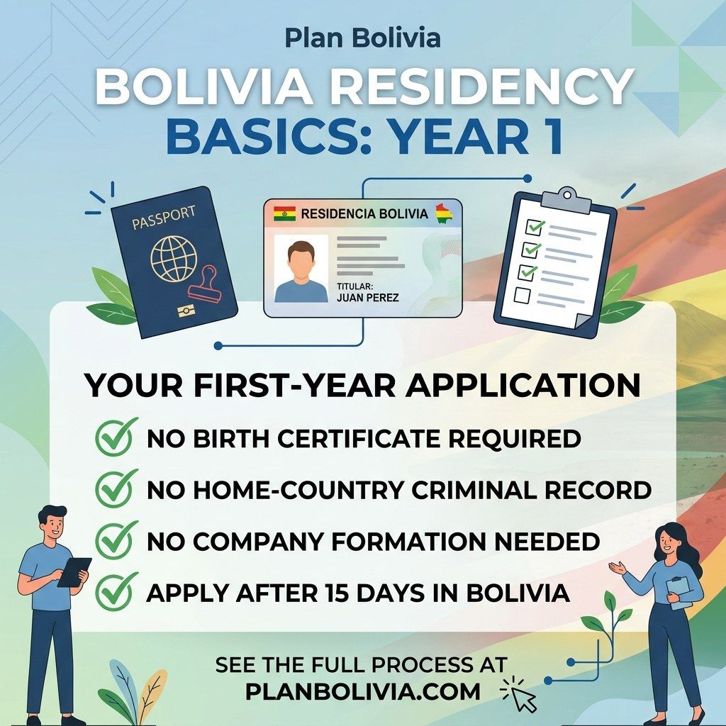 A clean graphic showing a passport, a Bolivian residency card, and a short checklist of first-year Bolivia residency basics.