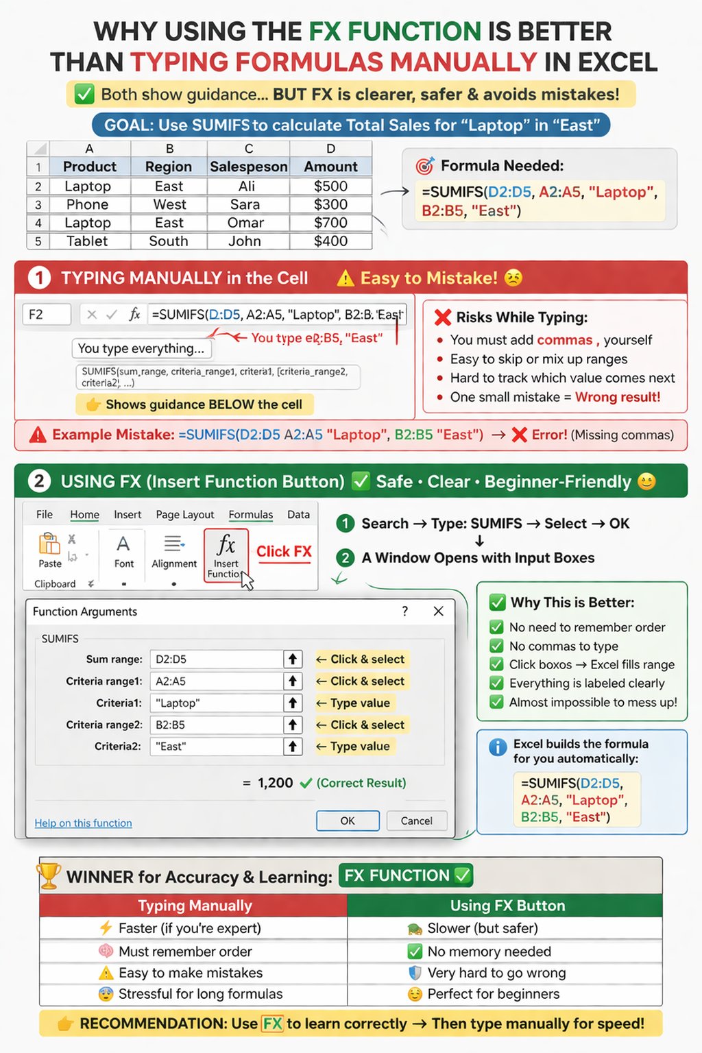 Infographic comparing typing Excel formulas manually vs using the FX (Insert Function) button. Shows a SUMIFS example, common errors when typing, and how FX provides step-by-step input boxes for accuracy. Concludes FX is safer for learning, while manual typing is faster for experts.