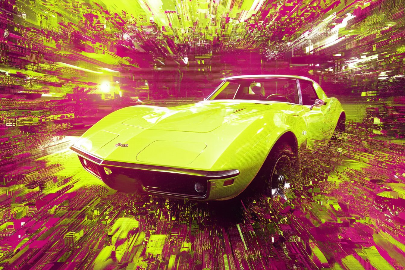 Vintage Sports Car depicted in a Glitchwave Digital Overload, where distorted pixels and fragmented code create a frenetic atmosphere. Utilize a neon-lit color scheme of bright yellow and fuchsia to emphasize the digital chaos --ar 3:2 --v 8