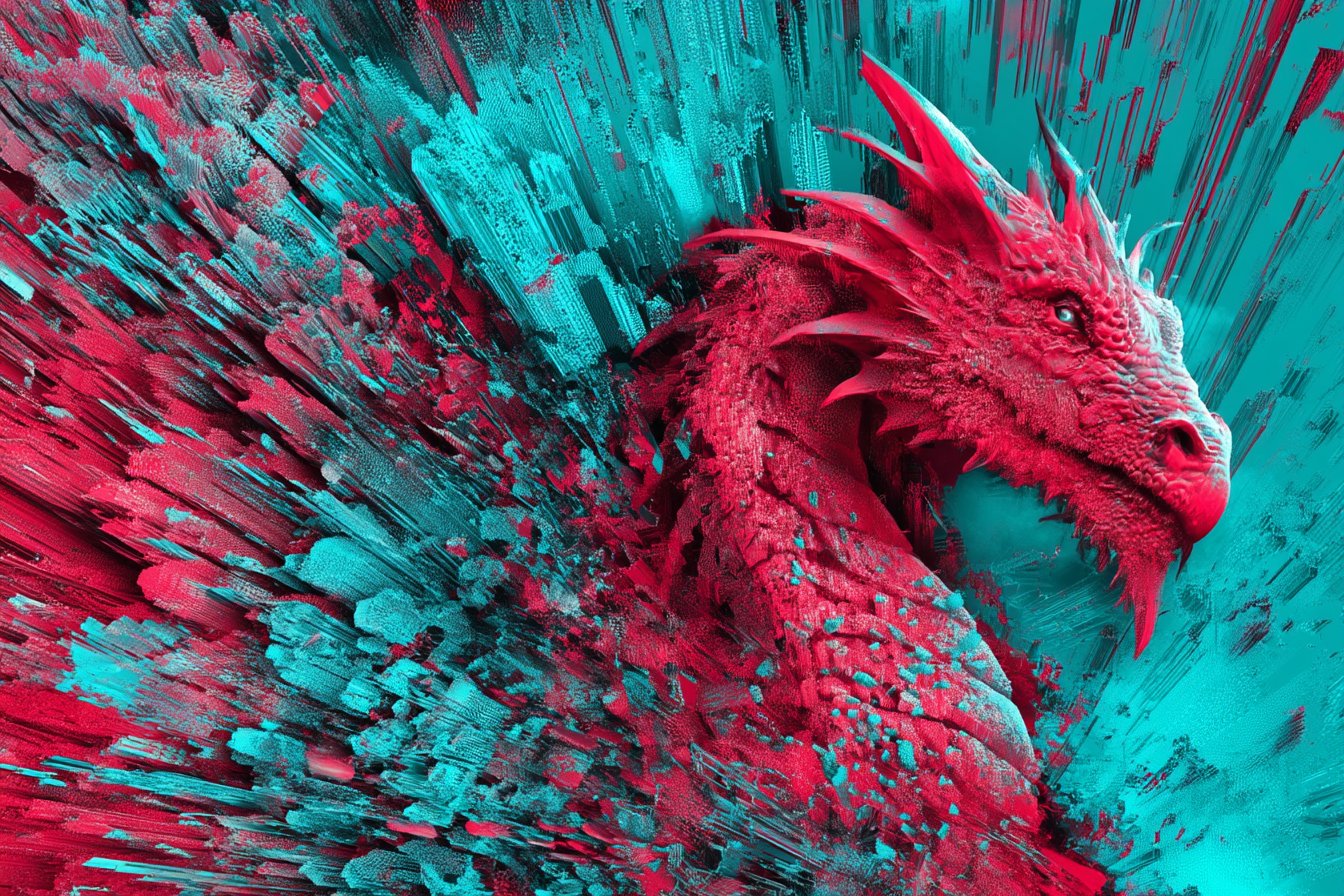 Mythical Dragon depicted in a Glitchwave Digital Overload, where distorted pixels and fragmented code create a frenetic atmosphere. Utilize a neon-lit color scheme of scarlet and turquoise to emphasize the digital chaos --ar 3:2 --v 8