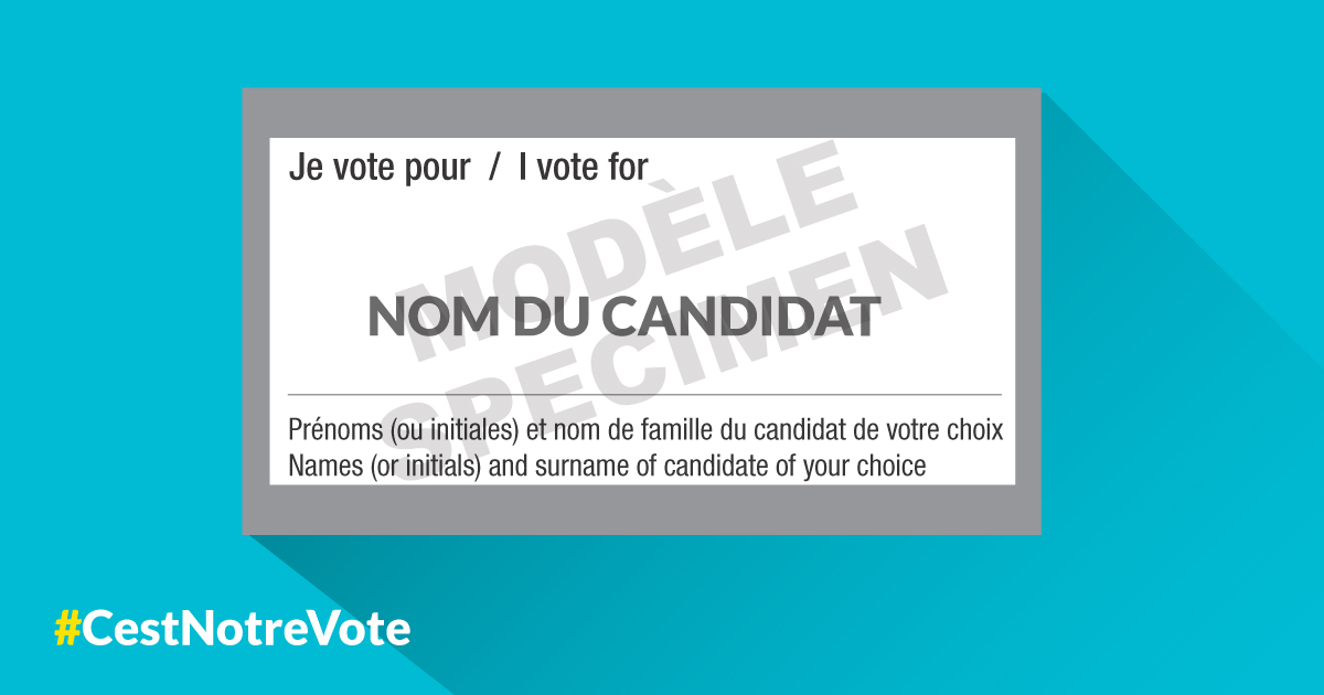 Je vote pour. Prénoms (ou initiales) et nom de famille du candidat de votre choix. Modèle. Nom du candidat. Un bulletin de vote adapté.