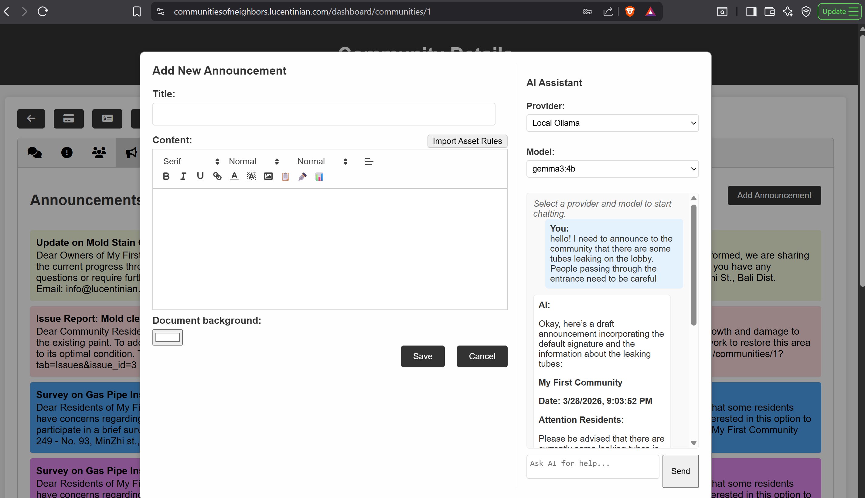 Use Ollama to assist you to write your announcements for your community of neighbors