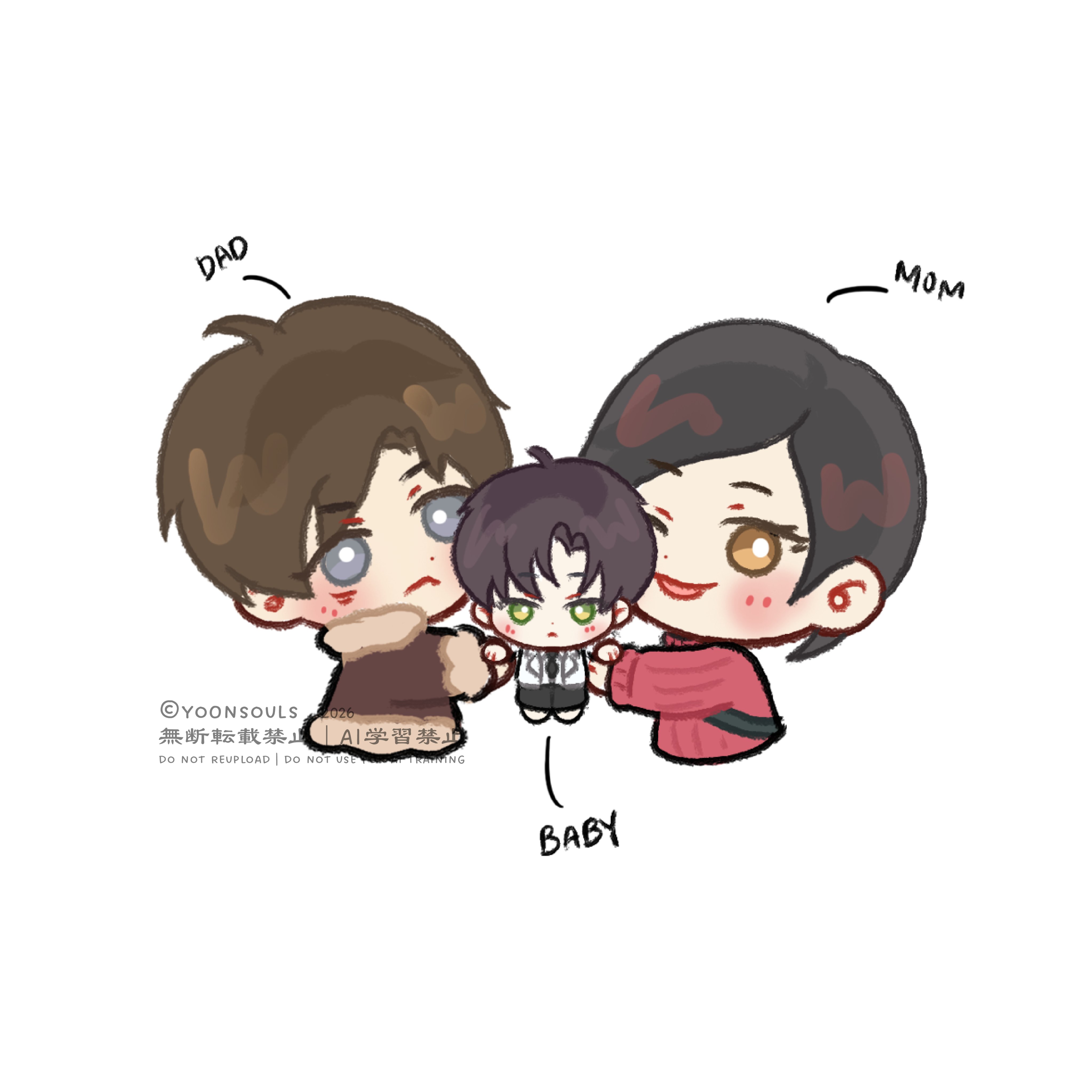 Aeon (Leon Kennedy and Ada Wong) from Resident Evil and baby Zayne from Love and Deepspace 