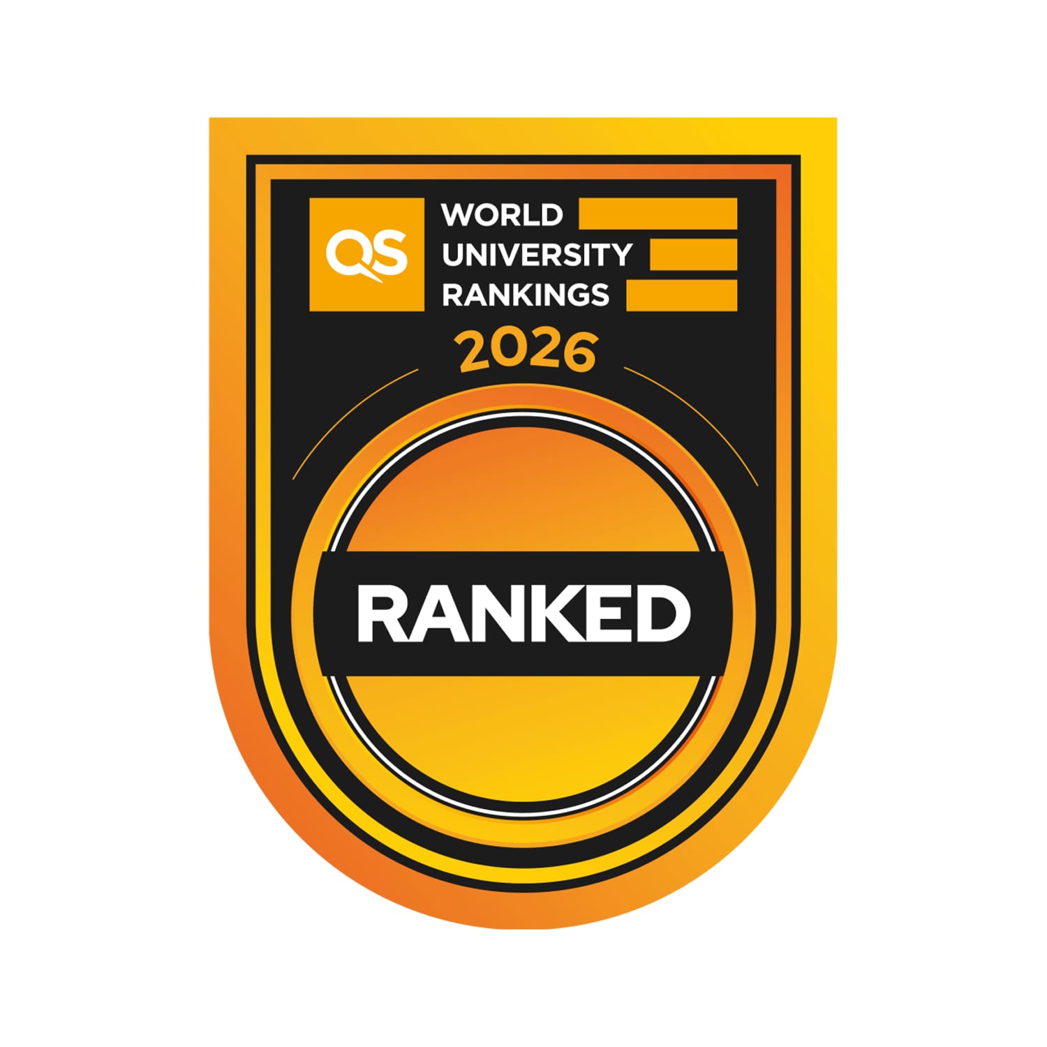 A gold and black shield-shaped badge for the QS World University Rankings. The top section features the QS logo and reads "WORLD UNIVERSITY RANKINGS 2026," while the bottom section displays a large circular emblem with a black banner reading "RANKED" in bold white text.