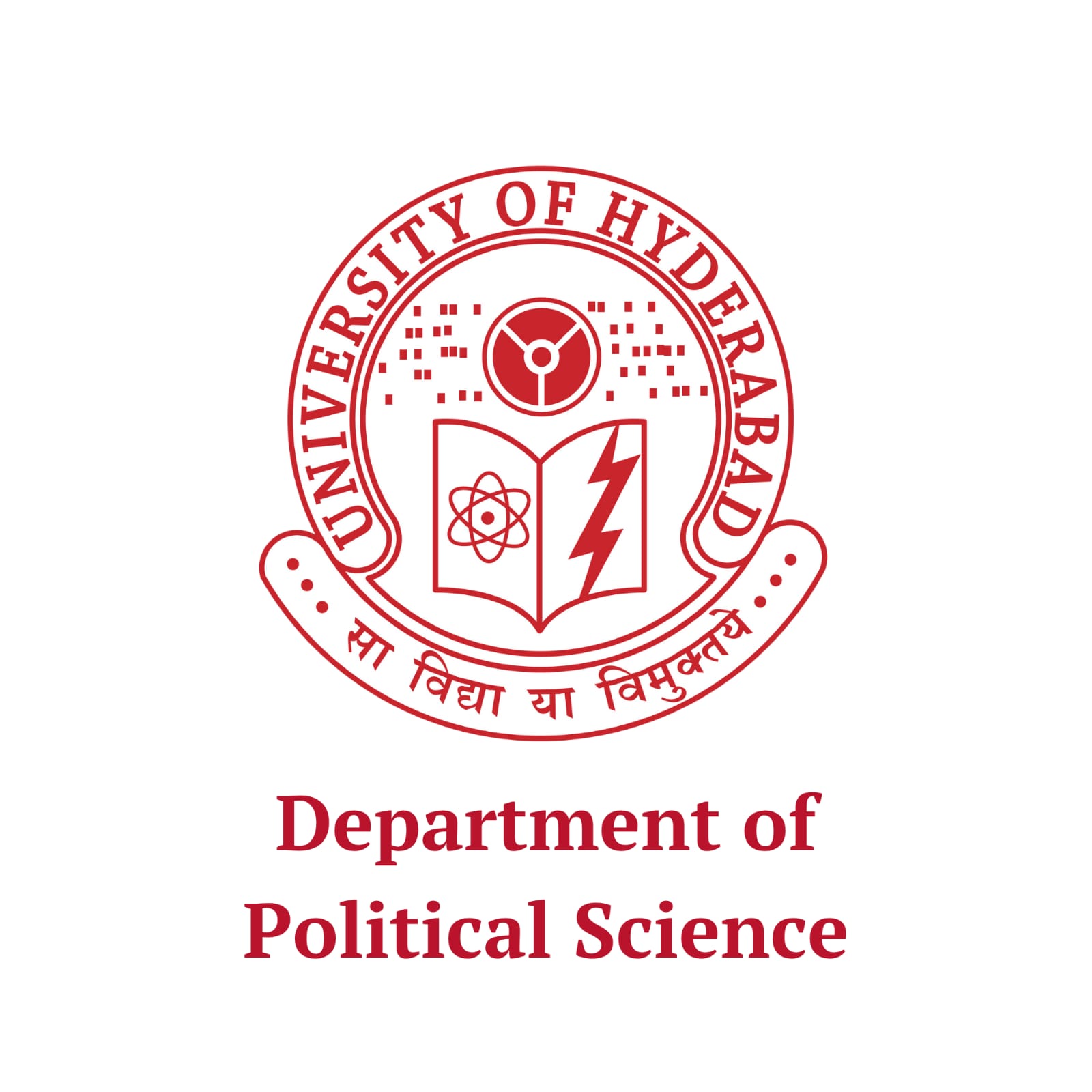 The official logo for the Department of Political Science at the University of Hyderabad. It features the university's circular red crest on a white background, which includes an open book, an atom, a gear, a lightning bolt, and the Sanskrit motto "Sa Vidya Ya Vimuktaye". Below the crest, the text reads "Department of Political Science" in bold red font.