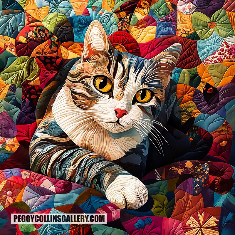 Colorful artwork with a quilted effect of a kitten in a quilt, by Peggy Collins.