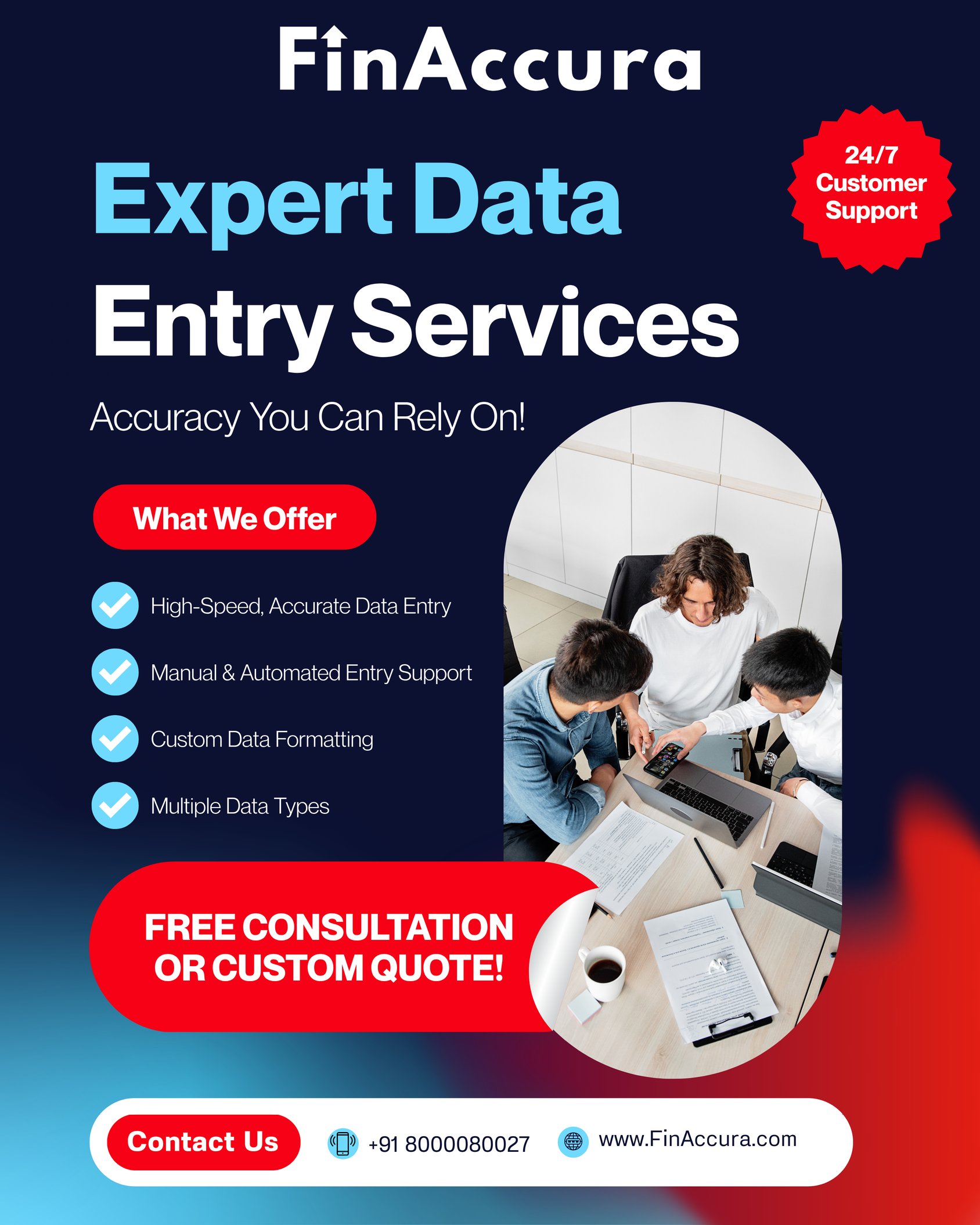 In today’s fast-paced business environment, accurate and efficient data management is critical for growth.
At FinAccura, we offer professional Data Entry Services that help businesses streamline operations, reduce errors, and improve productivity.
Our services include:
✔️ High-speed and accurate data entry
✔️ Manual & automated data processing
✔️ Custom data formatting solutions
✔️ Support for multiple data types
With our expertise, you can focus on strategic decisions while we handle your backend operations with precision.
📊 Partner with FinAccura for reliable, scalable business support
🌐 www.FinAccura.com⁠
