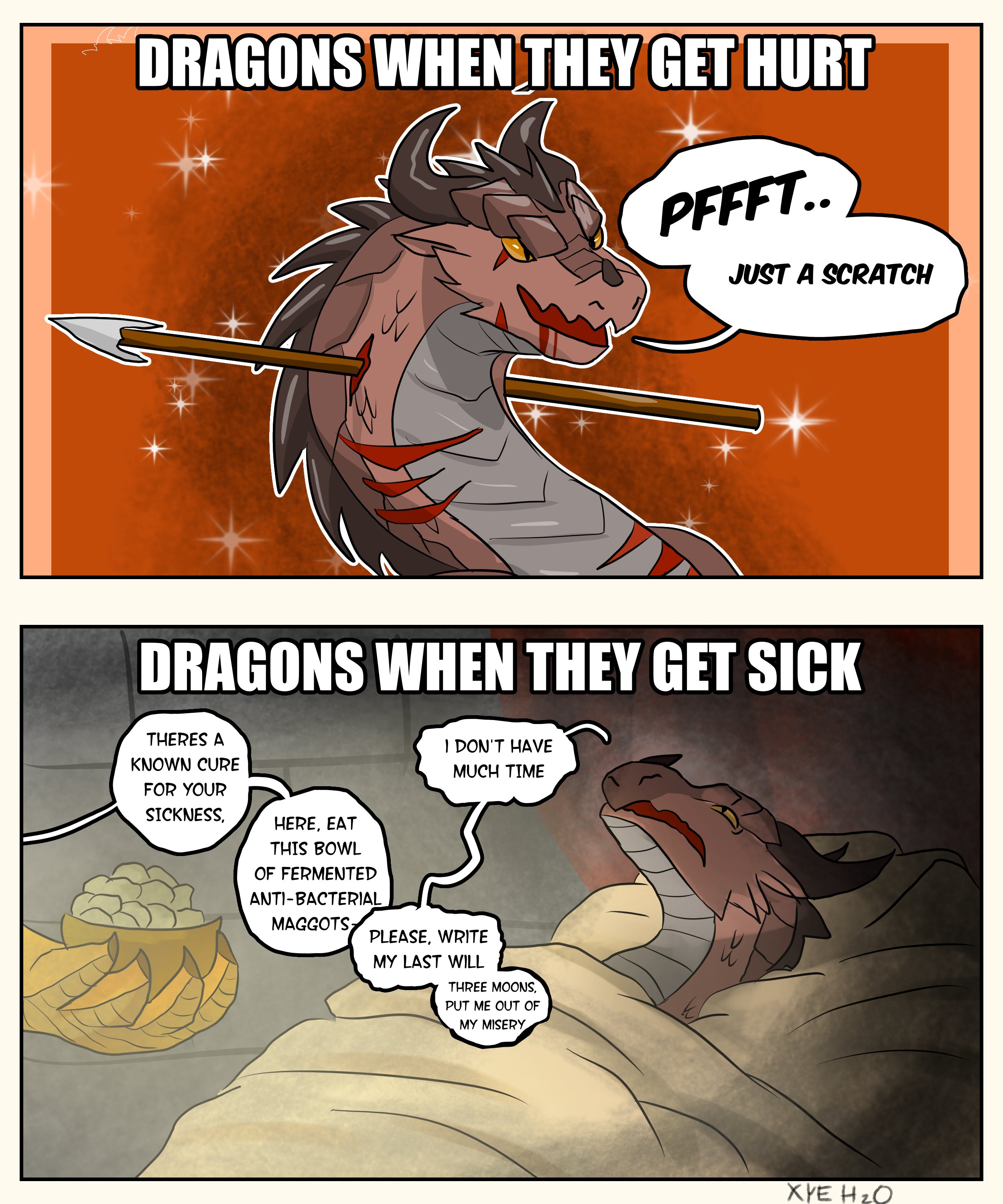 Dragons when they get hurt vs getting sick
(Wings of Fire OC)