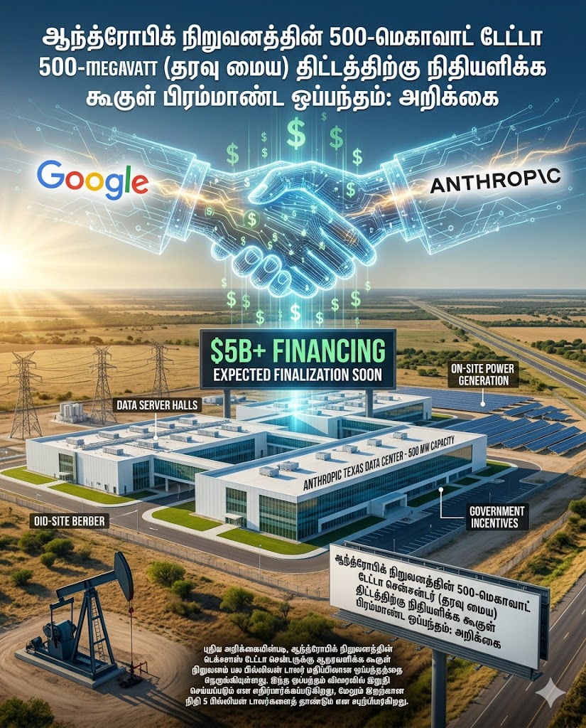 புதிய அறிக்கையின்படி, ஆந்த்ரோபிக் நிறுவனத்தின் டெக்சாஸ் டேட்டா சென்டருக்கு ஆதரவளிக்க கூகுள் நிறுவனம் பல பில்லியன் டாலர் மதிப்பிலான ஒப்பந்தத்தை நெருங்கியுள்ளது. இந்த ஒப்பந்தம் விரைவில் இறுதி செய்யப்படும் என எதிர்பார்க்கப்படுகிறது, மேலும் இதற்கான நிதி 5 பில்லியன் டாலர்களைத் தாண்டும் என கூறப்படுகிறது.