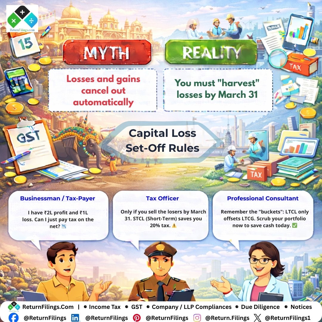 Image provided by ReturnFilings.Com it contains How to play it smart:
1️⃣ Short-Term Losses (STCL): These are gold! They can cancel out both your 20% STCG and 12.5% LTCG.
2️⃣ Long-Term Losses (LTCL): These only play with Long-Term gains.
3️⃣ Buy Back: You can sell today and buy back tomorrow to keep your position while "locking in" the tax credit. 🔄✅

Don't leave money on the table. Scrub your portfolio tonight! 🛡️💼

#ReturnFiling #Returnfilings #TaxSeason #InvestorLife #MoneyMatters #TaxLossHarvesting #FinanceTips #LTCG