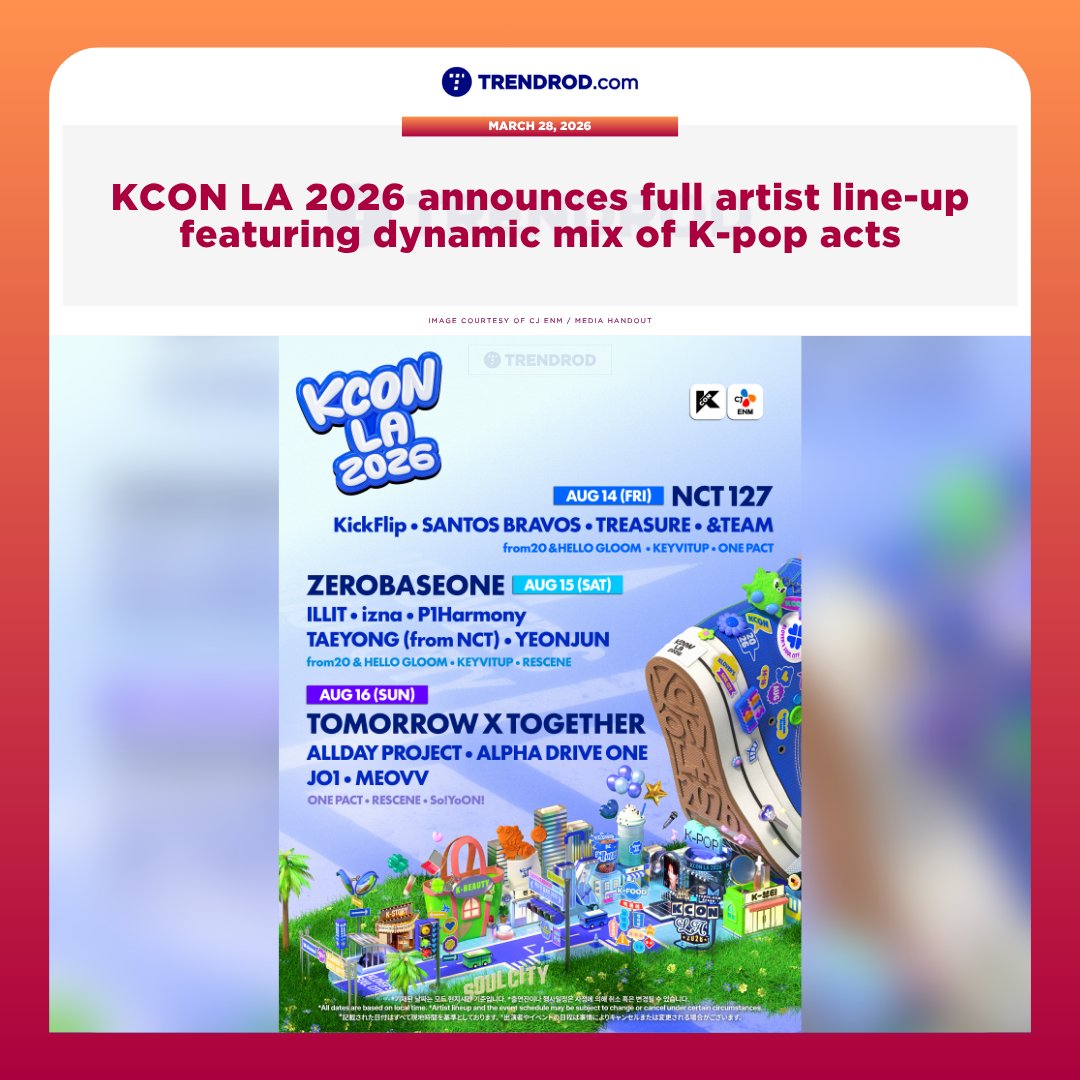 Korean entertainment giant CJ ENM has announced the line-up of performing artists for the upcoming KCON LA 2026 this August.

READ: https://trendrod.com/2026/03/28/kcon-la-2026-announces-full-artist-line-up-featuring-dynamic-mix-of-k-pop-acts/

#KCONLA2026 • #KCON