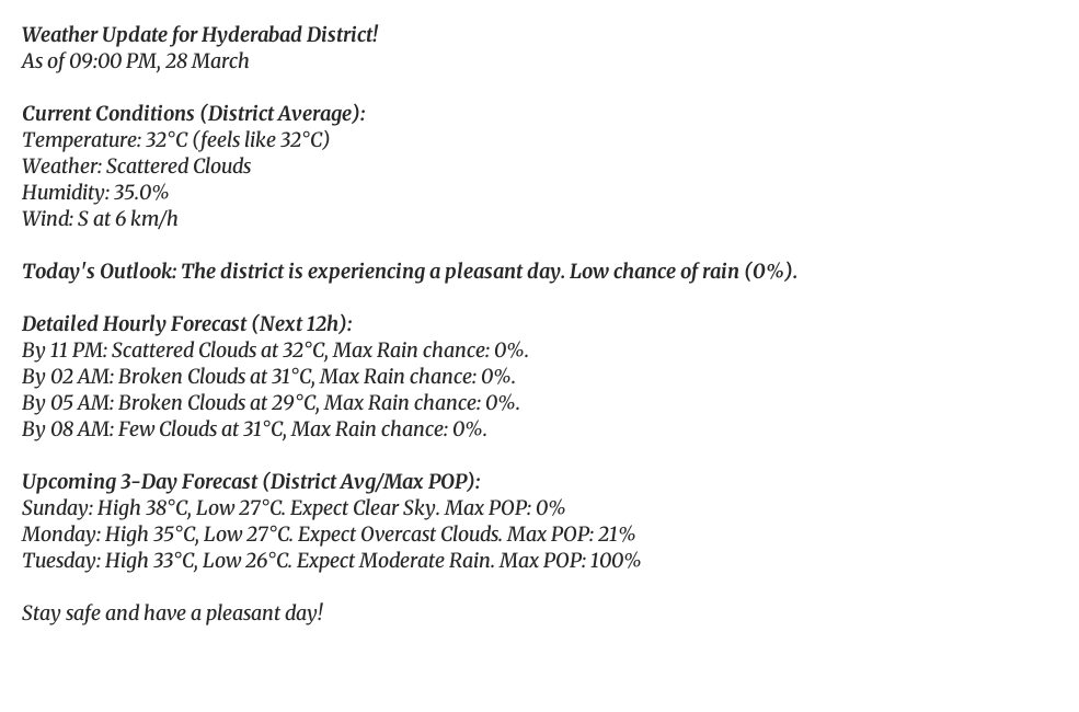 Weather Update for Hyderabad District!
As of 09:00 PM, 28 March

Current Conditions (District Average):
Temperature: 32°C (feels like 32°C)
Weather: Scattered Clouds
Humidity: 35.0%
Wind: S at 6 km/h

Today's Outlook: The district is experiencing a pleasant day. Low chance of rain (0%).

Detailed Hourly Forecast (Next 12h):
By 11 PM: Scattered Clouds at 32°C, Max Rain chance: 0%.
By 02 AM: Broken Clouds at 31°C, Max Rain chance: 0%.
By 05 AM: Broken Clouds at 29°C, Max Rain chance: 0%.
By 08 AM: Few Clouds at 31°C, Max Rain chance: 0%.

Upcoming 3-Day Forecast (District Avg/Max POP):
Sunday: High 38°C, Low 27°C. Expect Clear Sky. Max POP: 0%
Monday: High 35°C, Low 27°C. Expect Overcast Clouds. Max POP: 21%
Tuesday: High 33°C, Low 26°C. Expect Moderate Rain. Max POP: 100%

Stay safe and have a pleasant day!