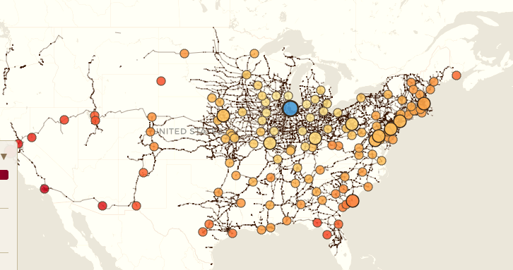 In January of 1882, a letter mailed from New York City to San Francisco would take nearly a full week to travel across the country. By 1902, that same journey had been cut to a little more than four days. This map uses a series of tables published by the U.S. Post Office Department recording how many hours it took for mail to travel via railway between 12 major railroad depots and roughly 120-130 cities across the country in the late 1800s and early 1900s. Mapping these transit time tables shows the distances separating Americans in different parts of the country and how the US Post and an expanding national railway system connected them