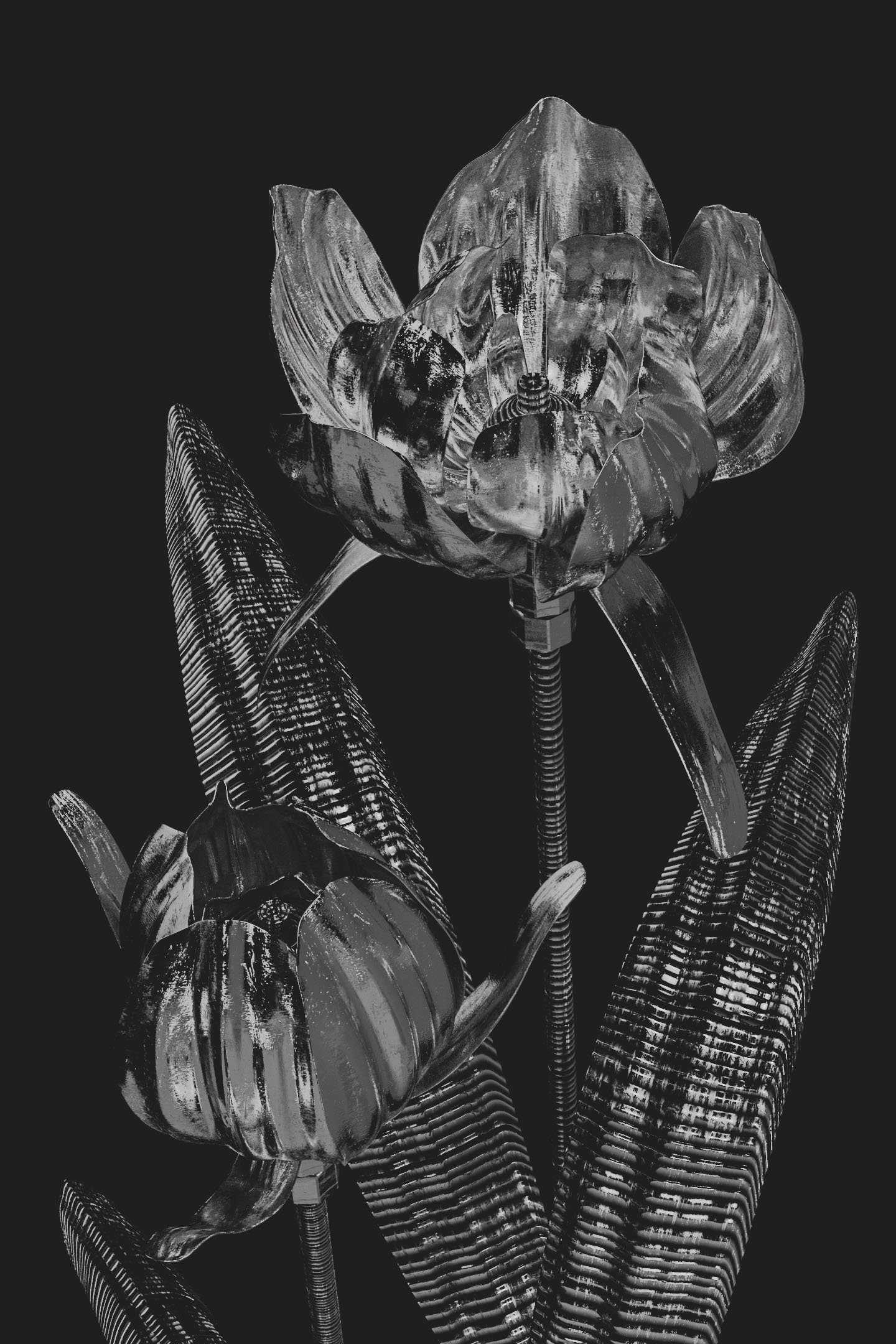 flores metálicas estilo amapola, con detalles como desgaste y grietas en los pétalos, fondo oscuro detalles con la luz 