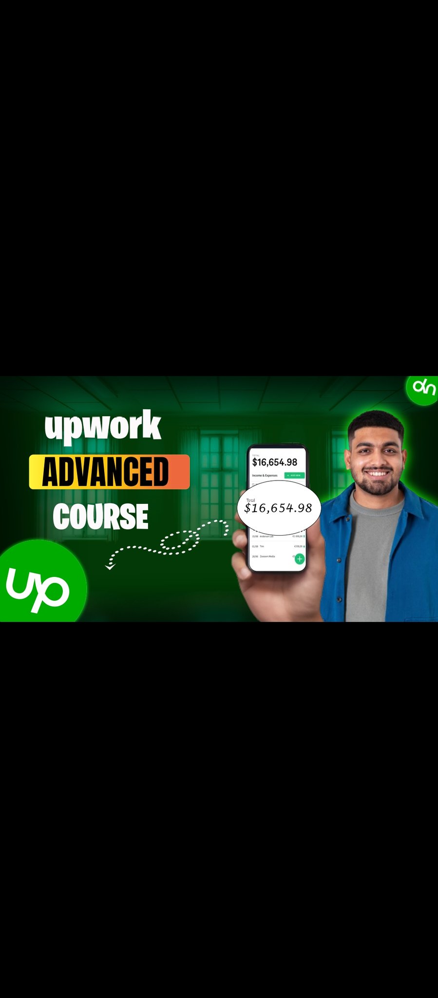 Professional course thumbnail showing high earnings on a phone with "UPWORK ADVANCED COURSE" in bold text.