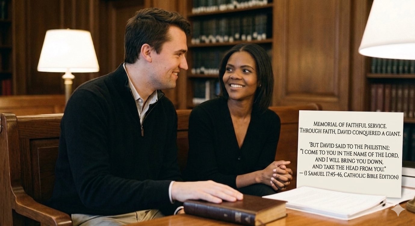 MEMORIAL OF FAITHFUL SERVICE.
THROUGH FAITH, DAVID CONQUERED A GIANT.
"BUT DAVID SAID TO THE PHILISTINE:
'I COME TO YOU IN THE NAME OF THE LORD,
AND I WILL BRING YOU DOWN,
AND TAKE THE HEAD FROM YOU.'"
— (1 SAMUEL 17:45-46, CATHOLIC BIBLE EDITION) Disclaimer: This AI-generated image is a symbolic illustration created for commemorative purposes. The biblical text and the depiction of public figures are intended to represent values of faith and courage; they do not depict a specific real-world event or political stance. All text and image content were generated by AI and may contain errors.