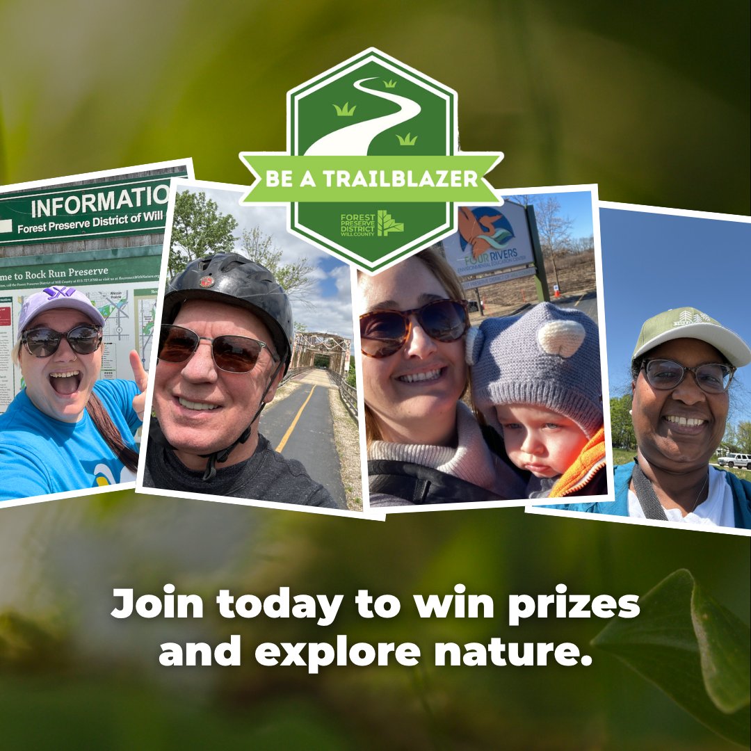 Collage of people taking selfies outdoors with “Be a Trailblazer” message encouraging joining to explore nature and win prizes.