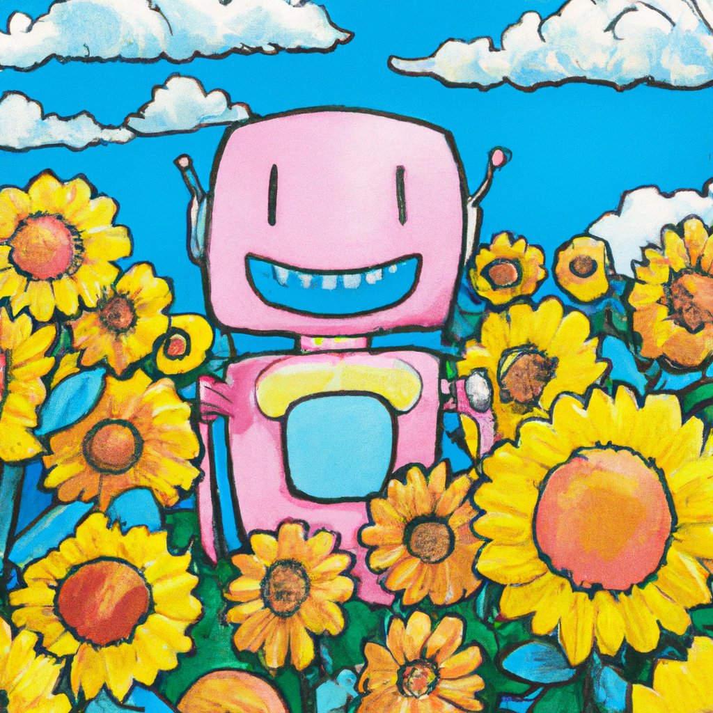 "An idyllic sunflower field under a bright azure sky dotted with fluffy cumulus clouds. In the foreground, a charming cartoonish robot with an infectious grin, painted in hues of sky blue and playful bubblegum pink, is dancing gleefully amidst the blossoming flowers. A radiant sun is peeking from the top-right corner, casting a warm, yellow glow throughout the scene, enhancing the flowers' vibrant colors. The vivid colors, the joyous robot, and the sunny weather collectively reflect a feeling of pure happiness." by OpticNerve.AI