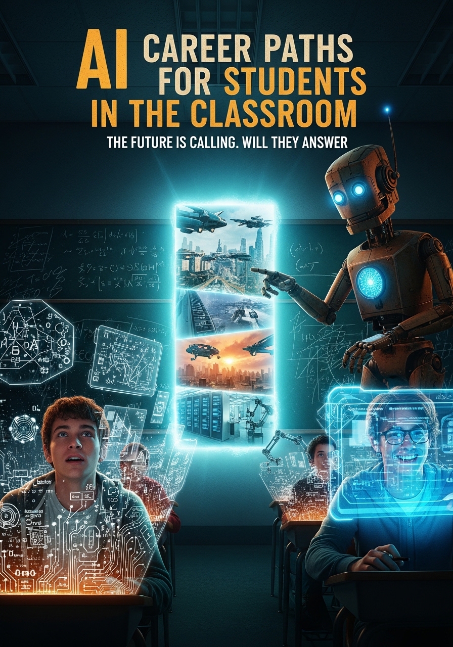 Student exploring different AI career paths on a digital dashboard with icons for machine learning, data analysis, automation, product strategy, and AI governance