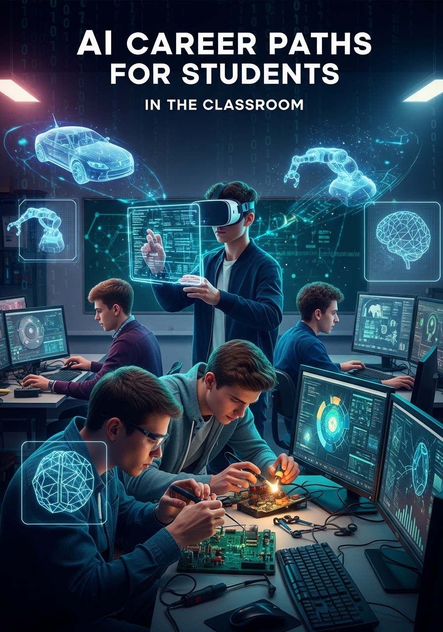 Student exploring different AI career paths on a digital dashboard with icons for machine learning, data analysis, automation, product strategy, and AI governance