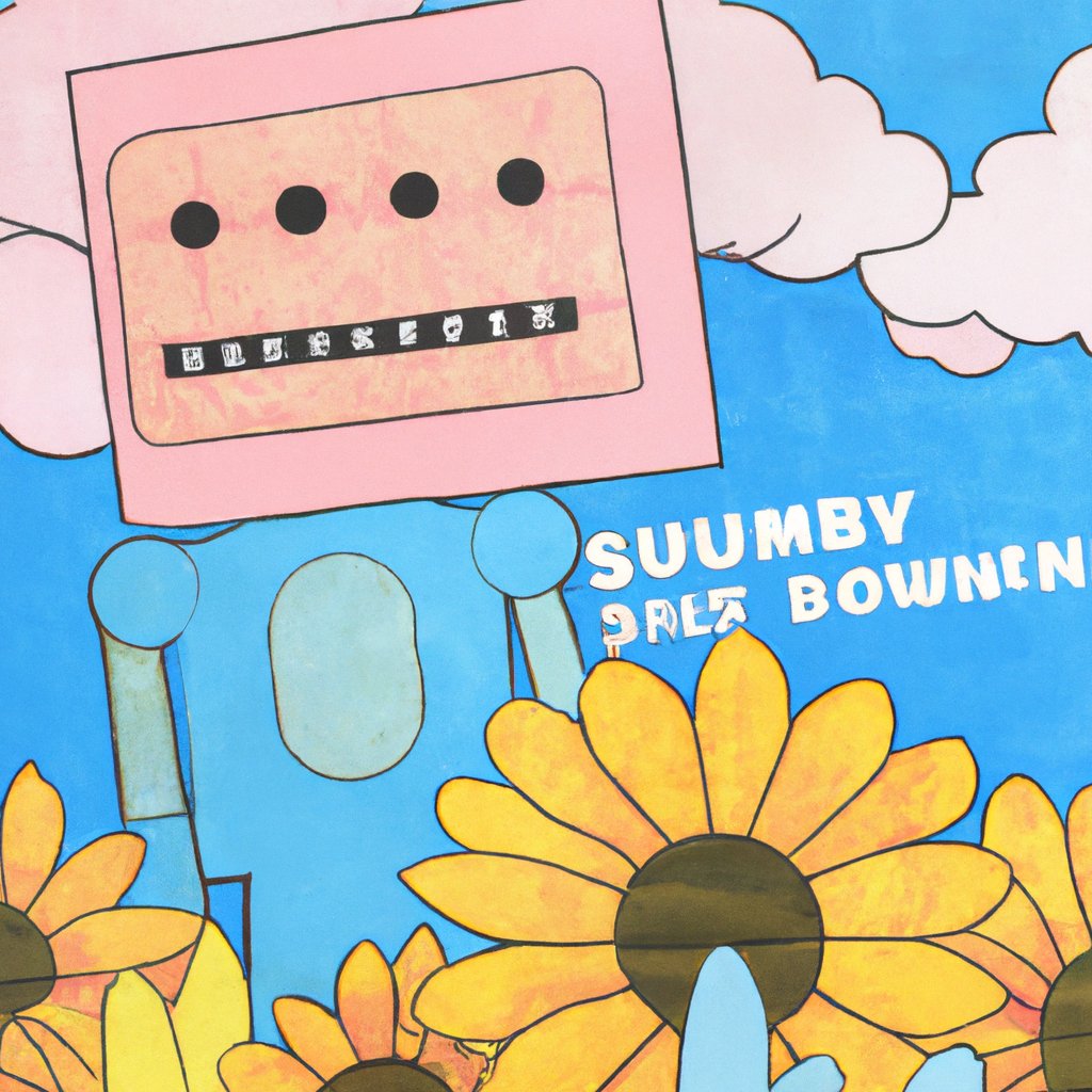 "An idyllic sunflower field under a bright azure sky dotted with fluffy cumulus clouds. In the foreground, a charming cartoonish robot with an infectious grin, painted in hues of sky blue and playful bubblegum pink, is dancing gleefully amidst the blossoming flowers. A radiant sun is peeking from the top-right corner, casting a warm, yellow glow throughout the scene, enhancing the flowers' vibrant colors. The vivid colors, the joyous robot, and the sunny weather collectively reflect a feeling of pure happiness." by OpticNerve.AI