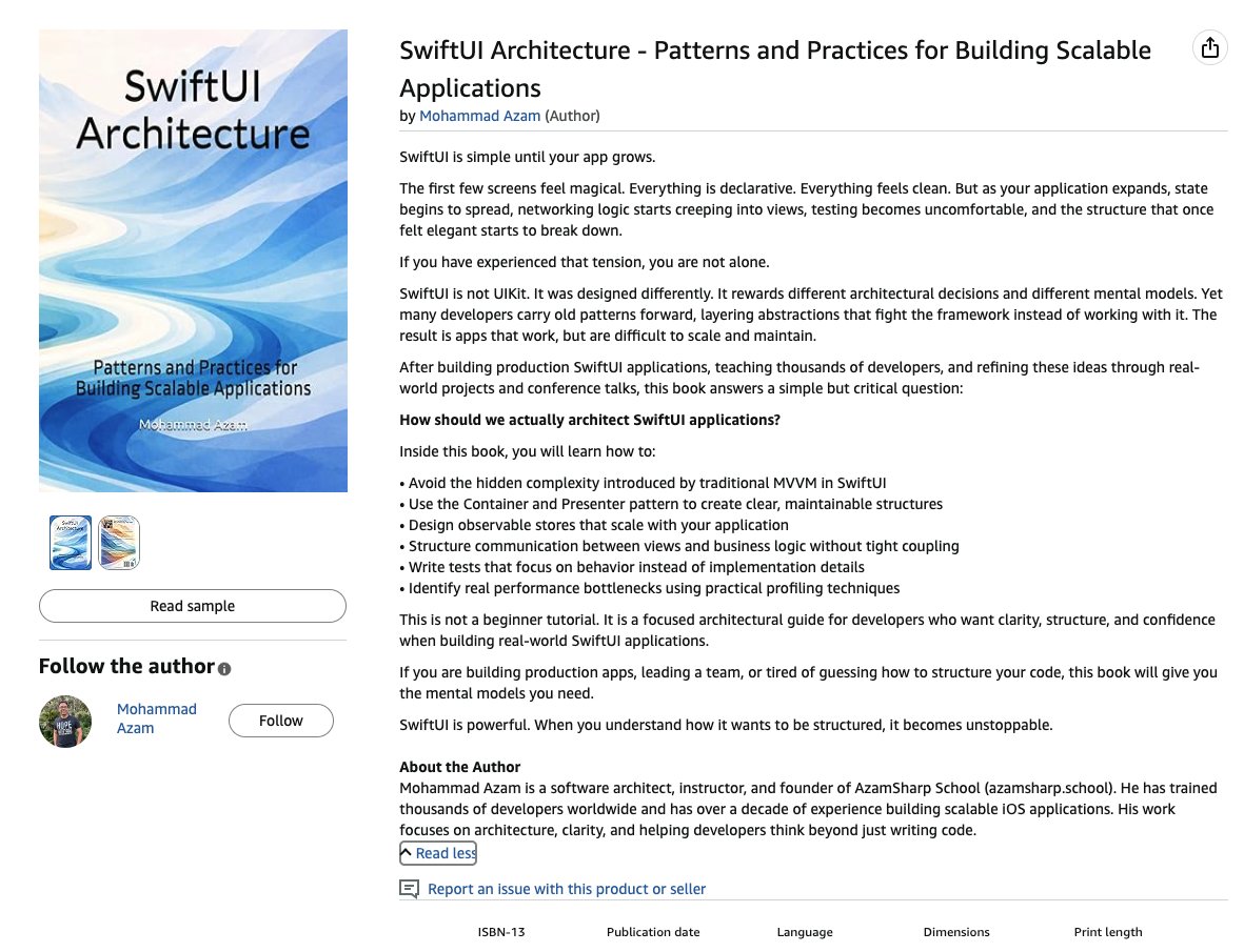 Boom 💥

Paperback book just went live on Amazon. Paperback took a lot of work so I really hope you enjoy it :) 

Paperback: https://a.co/d/002EbkML
Ebook: https://azamsharp.school/swiftui-architecture-book.html

#iosdev #swiftui 