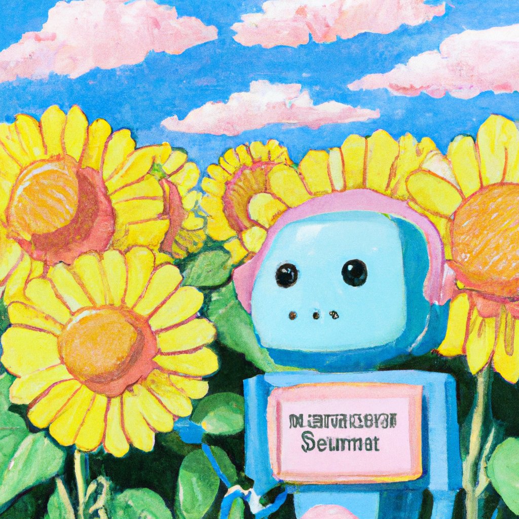 "An idyllic sunflower field under a bright azure sky dotted with fluffy cumulus clouds. In the foreground, a charming cartoonish robot with an infectious grin, painted in hues of sky blue and playful bubblegum pink, is dancing gleefully amidst the blossoming flowers. A radiant sun is peeking from the top-right corner, casting a warm, yellow glow throughout the scene, enhancing the flowers' vibrant colors. The vivid colors, the joyous robot, and the sunny weather collectively reflect a feeling of pure happiness." by OpticNerve.AI