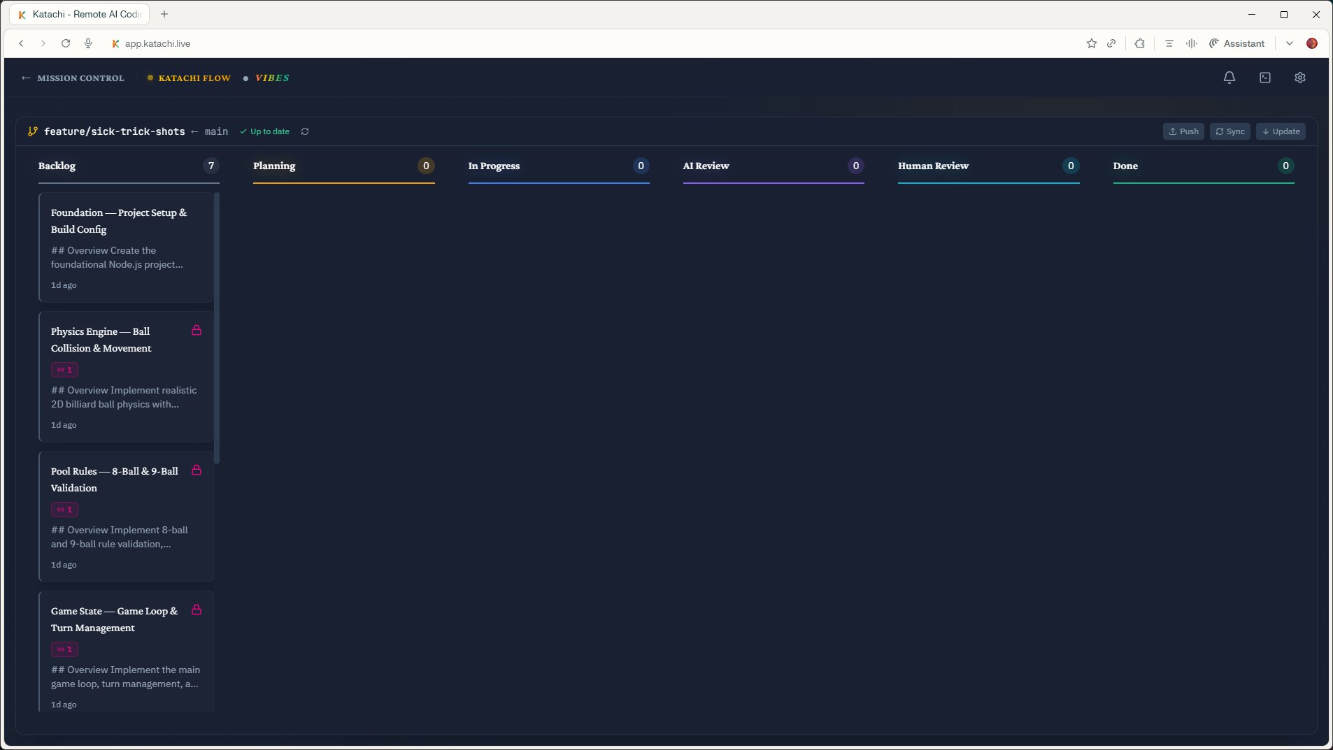 Katachi Kanban board in default dark theme