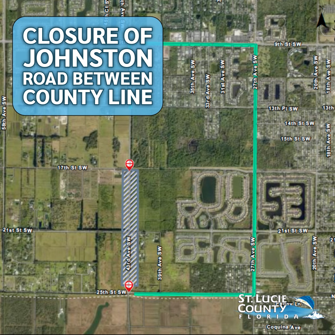 Map showing Johnston Road closure between 17th St SW and 25th St SW in St. Lucie County, Florida, with marked detour route.