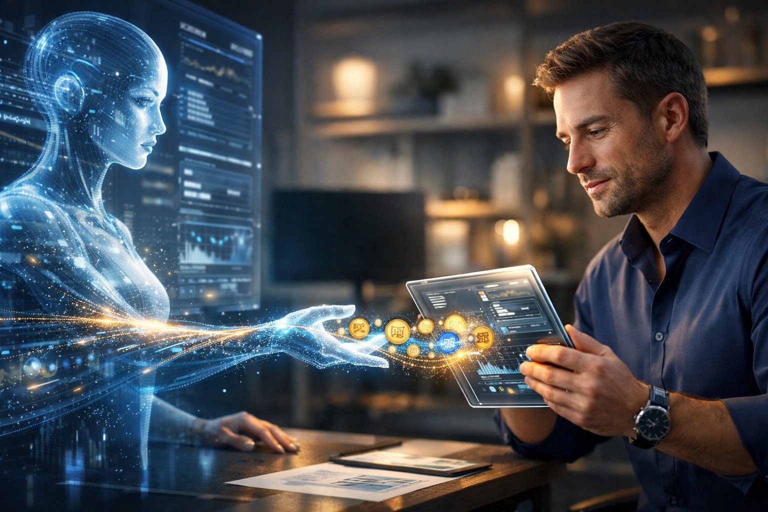 A high-tech, cinematic scene illustrating the "Agent-to-Human" economy. On the left, a translucent holographic AI agent interface with a humanoid form is processing data. It extends a glowing digital hand toward a professional human worker on the right, who is reviewing tasks on a transparent tablet. Between them, a stream of glowing digital currency tokens flows from the AI to the human, symbolizing instant payment. The background is a modern, minimalist workspace with soft ambient lighting and futuristic blue and gold accents. Loopuman