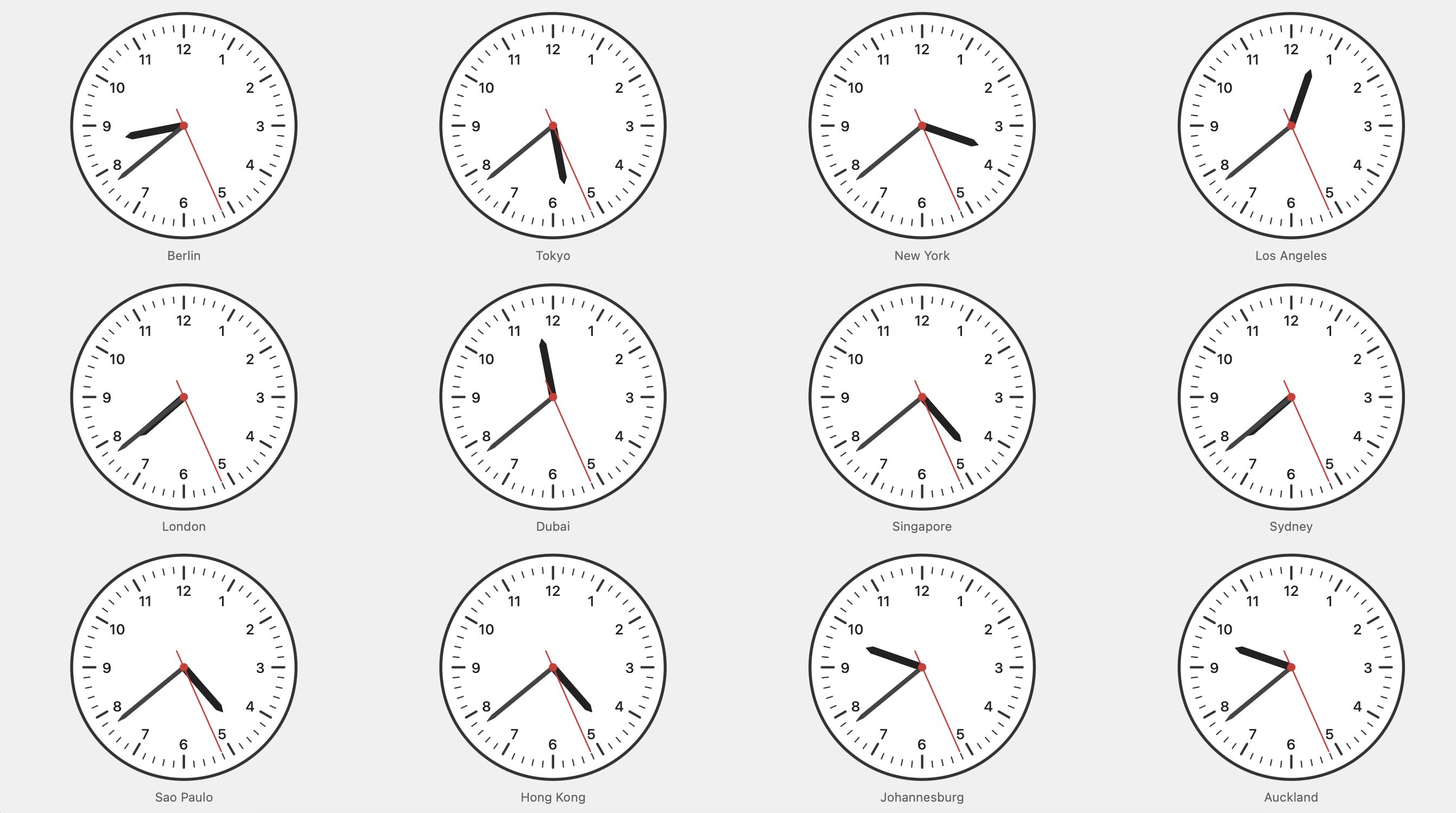 https://www.clocksimulator.com/?tz=Europe%2FBerlin%2CAsia%2FTokyo%2CAmerica%2FNew_York%2CAmerica%2FLos_Angeles%2CEurope%2FLondon%2CAsia%2FDubai%2CAsia%2FSingapore%2CAustralia%2FSydney%2CAmerica%2FSao_Paulo%2CAsia%2FHong_Kong%2CAfrica%2FJohannesburg%2CPacific%2FAuckland&theme=light