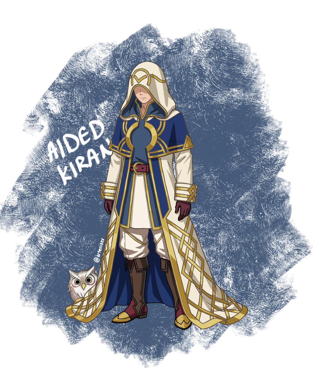 The Summoner set against a textured blue brushstroke background. To the left of the character, a white, chalk-style font reads 'AIDED KIRAN.'