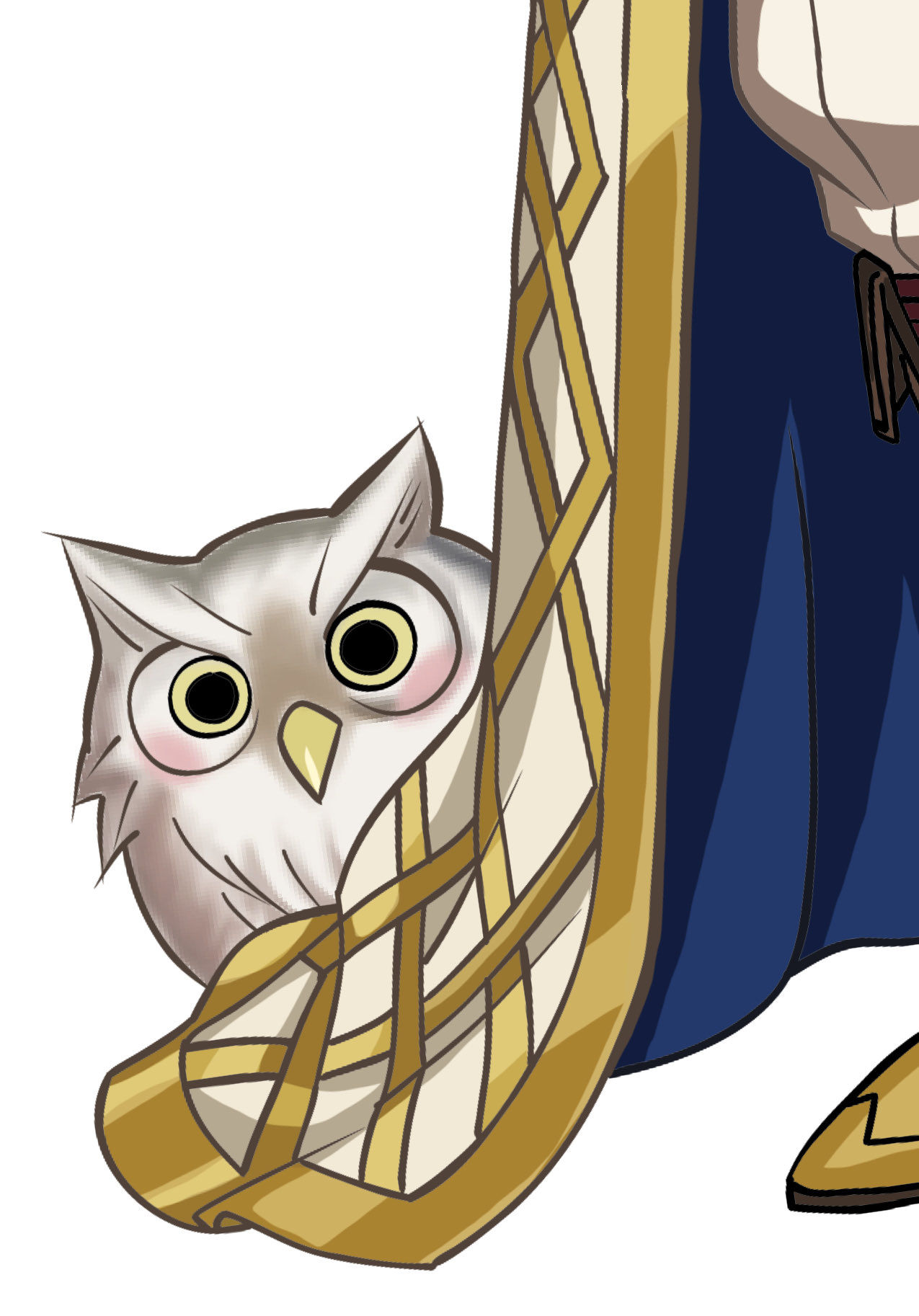 A sharp macro close-up photograph focusing on the lower hem of the Summoner's robe and Feh the owl behind it. It highlights the gold geometric lattice pattern against the dark blue inner lining and the feathered details of Feh. The artist’s signature, @artenikev, is clearly visible on the lower left of the robe.