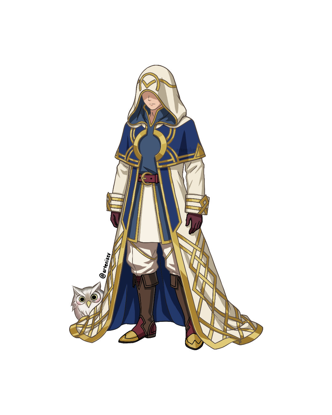 The full digital illustration of the Summoner on a clean white background. The character has a hidden face beneath an ornate cream and blue hood, and is wearing a long coat with royal blue panels and extensive gold lattice trim on the hem. A small white and brown owl is perched behind the left leg.