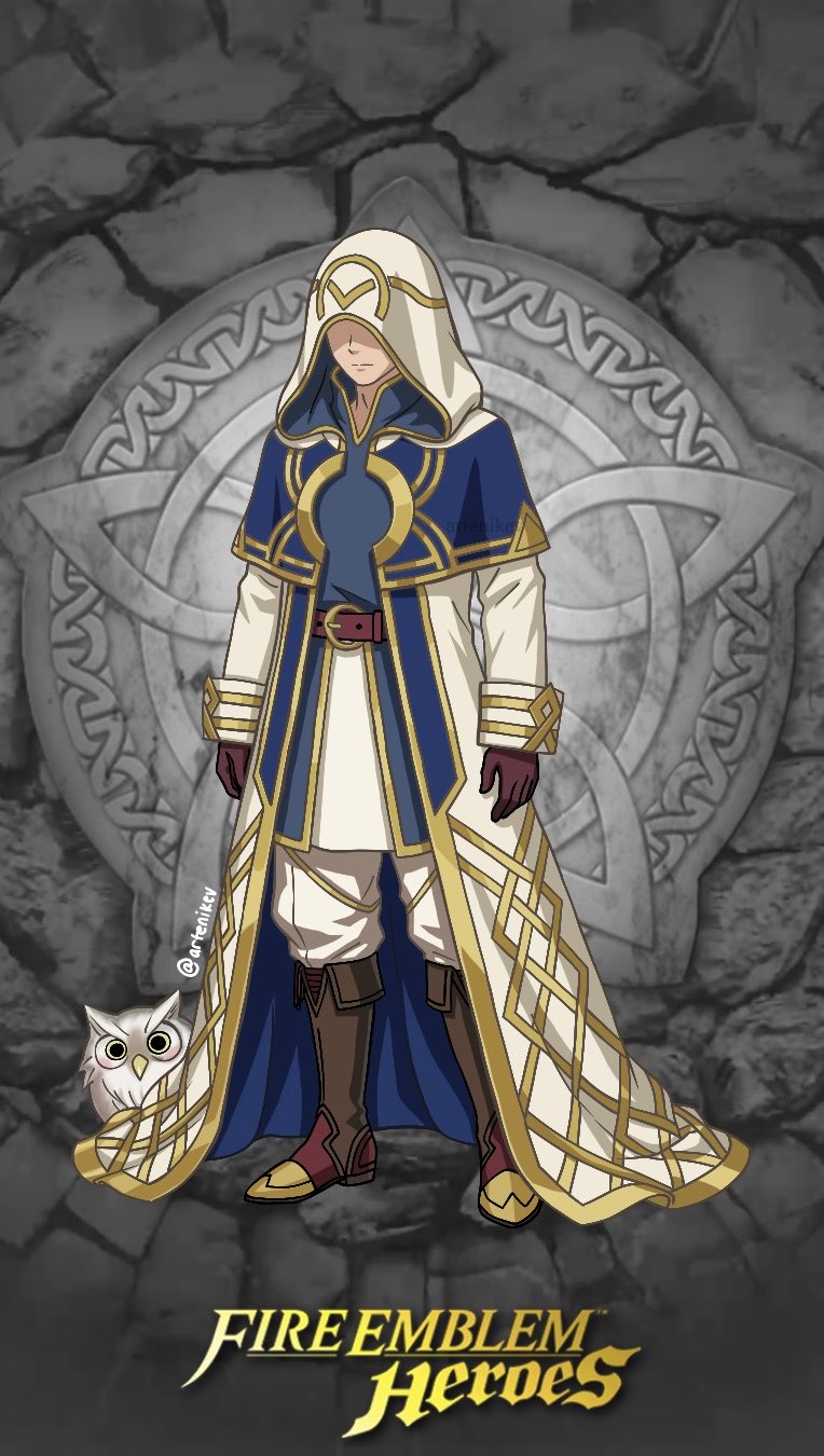 A promotional character art card of the Summoner (Kiran) in a new regal robe, presented against a dark grey stone background with a glowing Sigil of Askr. The official Fire Emblem Heroes logo is centered at the bottom.
