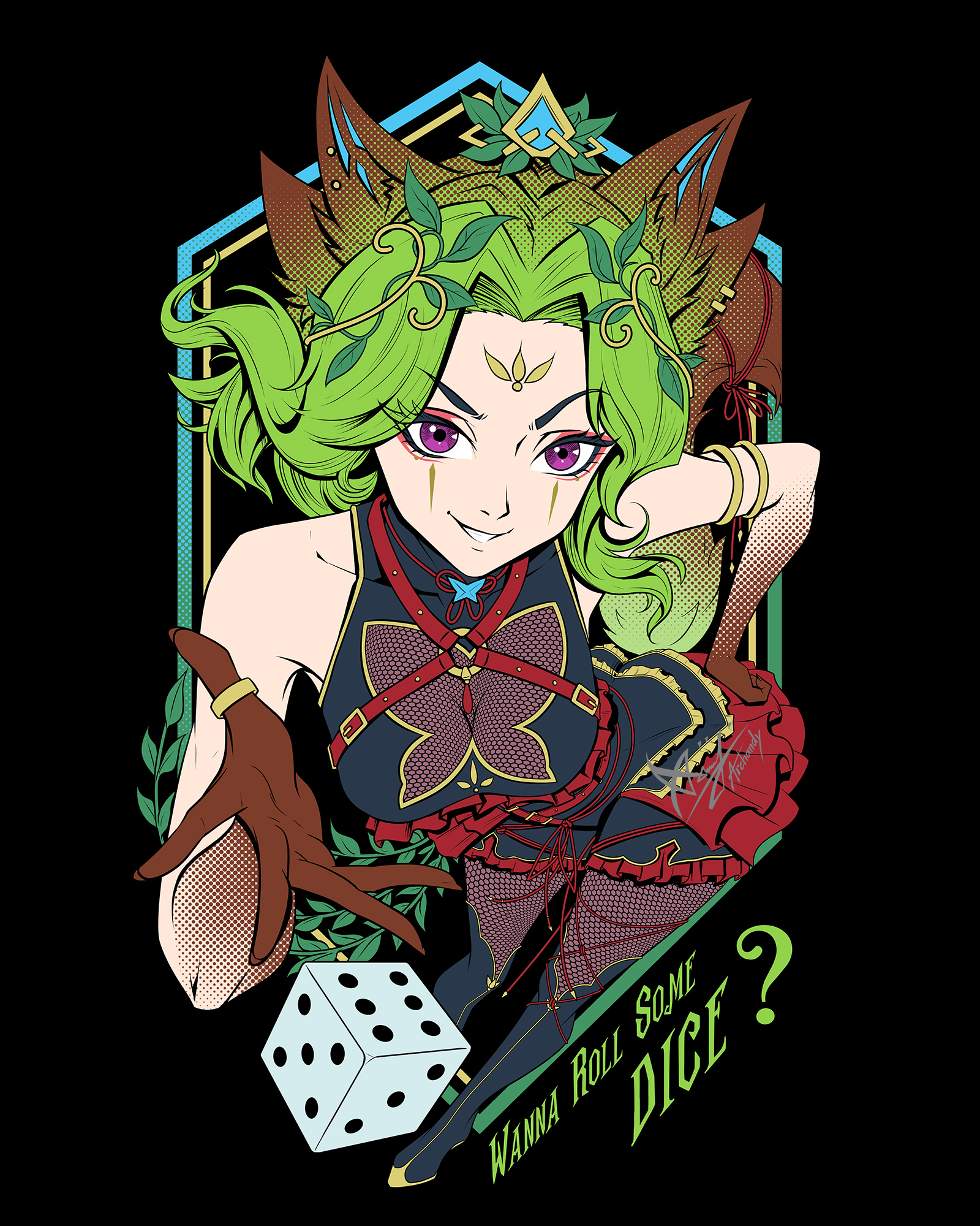 Full color VTuber commission of Mae Gremlin — a playful green-haired fox girl with leafy crown, purple eyes, and a cheeky smirk. She’s holding a dice with the text “Wanna Roll Some Dice?” in a cute chaotic pose.