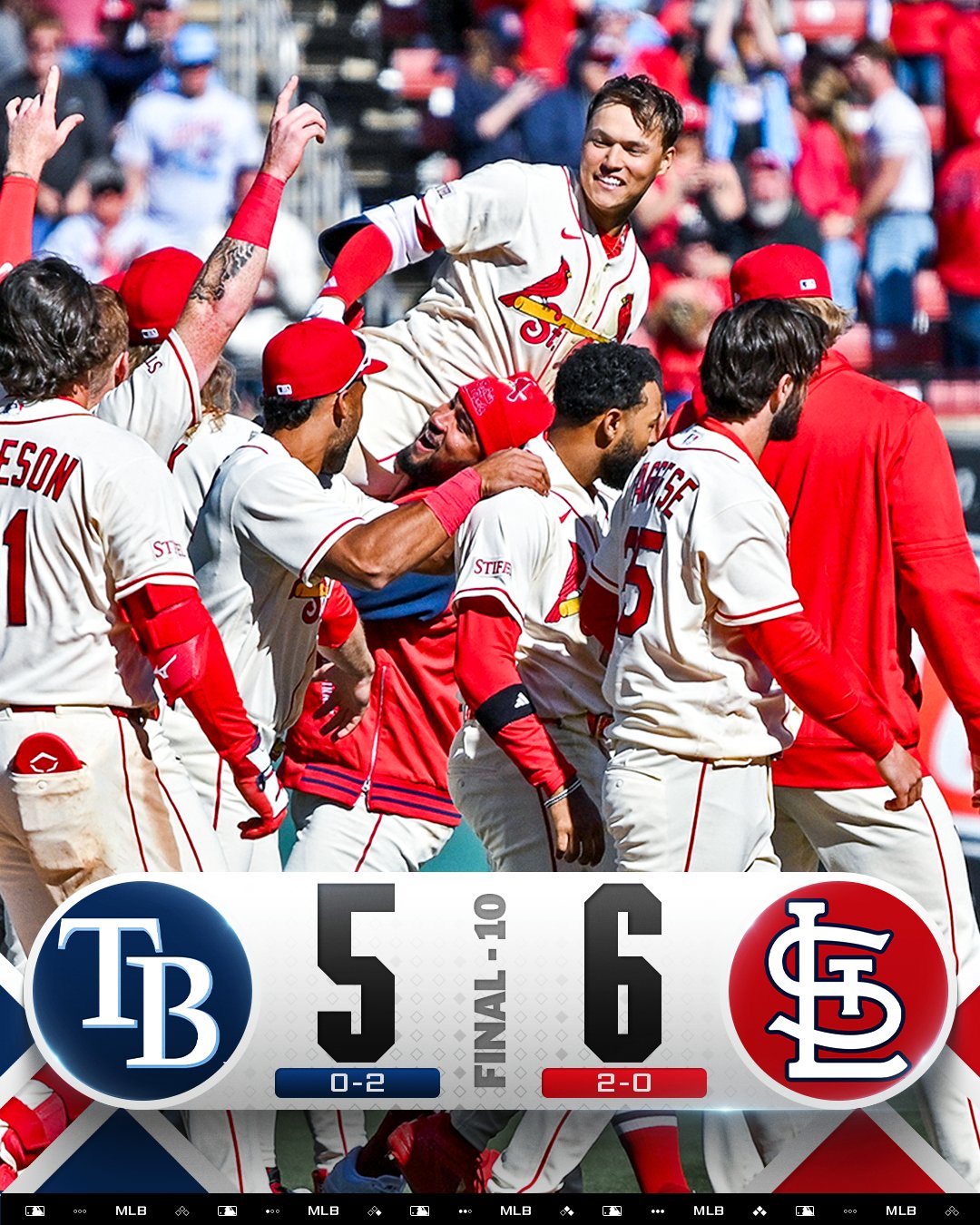 Final Score Graphic 3/28/26 (10 Innings)
Tampa Bay Ray 5 (0-2), St. Louis Cardinals 6 (2-0)
Pictured: JJ Wetherholt celebrates with teammates after his walk-off single in Saturday's game. He is lifted up in the air while wearing a home white Cardinals uniform.