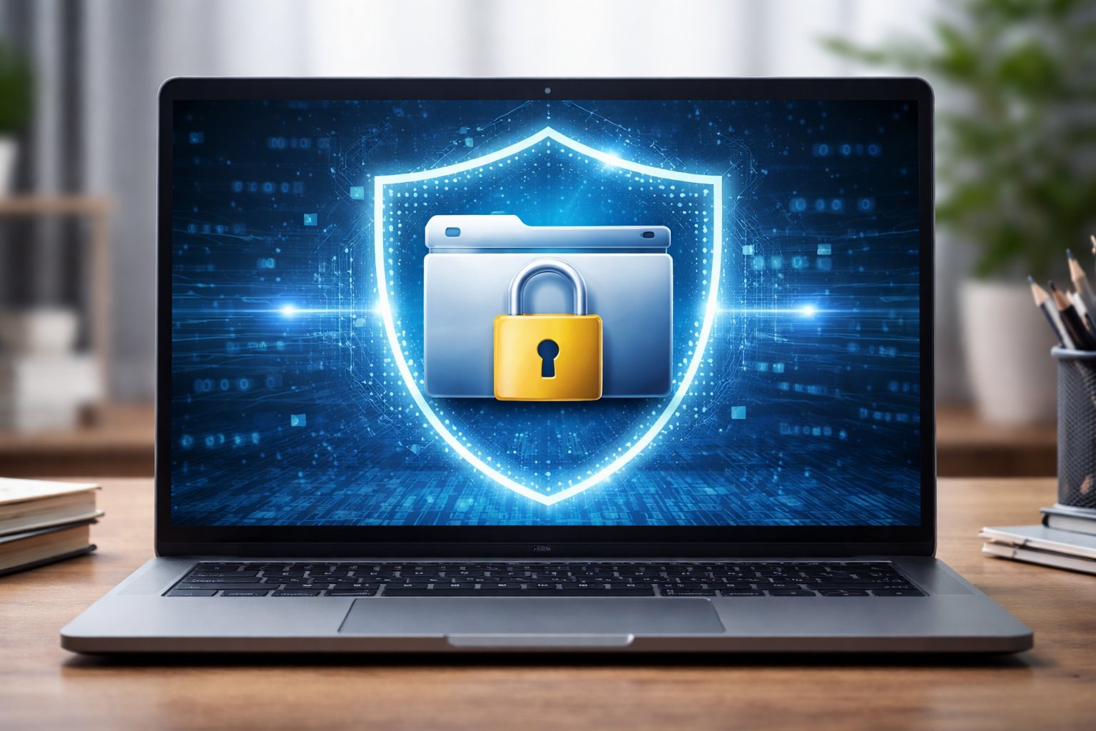 Laptop screen displaying a glowing shield around a folder with a lock, symbolizing security. Background features a blurred office setting.