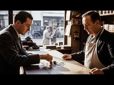 A man in a suit counts British coins on a counter while a shopkeeper watches in a vintage shop.