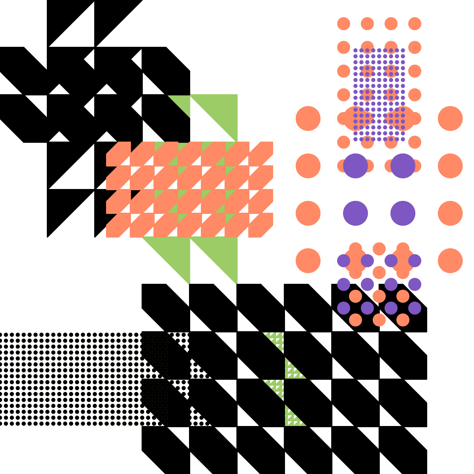 A geometric pattern artwork featuring black diagonal stripes, orange and green diamond shapes, and clusters of red, green, orange, and purple circles. The design includes halftone dot textures, bold stripes, and interconnected geometric motifs, creating a visually dynamic and structured composition on a white background.