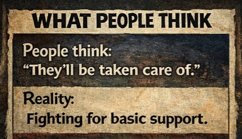 Alt Text : A distressed, torn-paper style meme with black text on a beige and dark textured background. Top banner reads “WHAT PEOPLE THINK”. Below it: People think: “They’ll be taken care of.” Then “Reality: Fighting for basic support.” The overall design has a vintage, worn, gritty aesthetic.