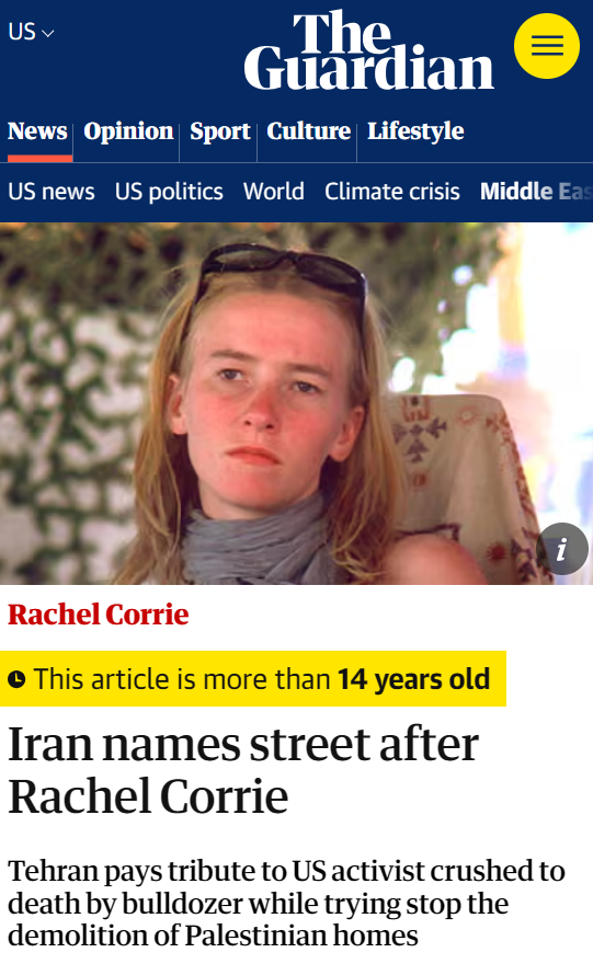 Image 1: Iranian drone inscribed with the message: 'For the revenge of Rachel Corrie'.
Image 2: US activist Rachel Corrie non-violently confronting an Israeli bulldozer to protect a Palestinian home in Gaza (2003).
Image 3: Fellow activists gathered around Rachel Corrie moments after she was fatally crushed by the bulldozer.